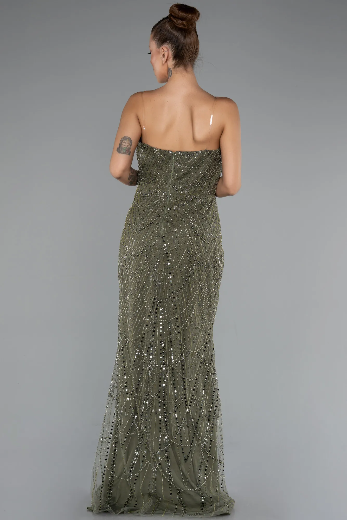Olive Drab-Long Beaded Evening Dress ABU5141