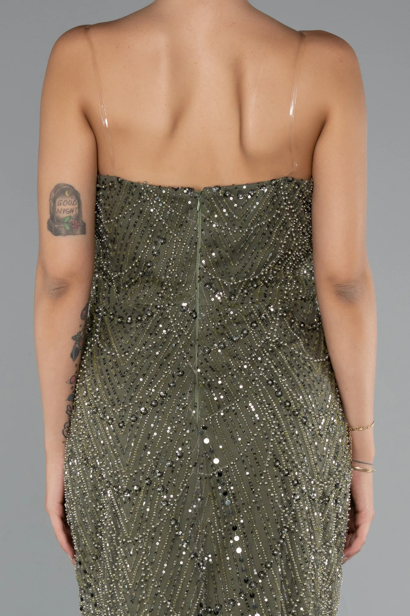 Olive Drab-Long Beaded Evening Dress ABU5141