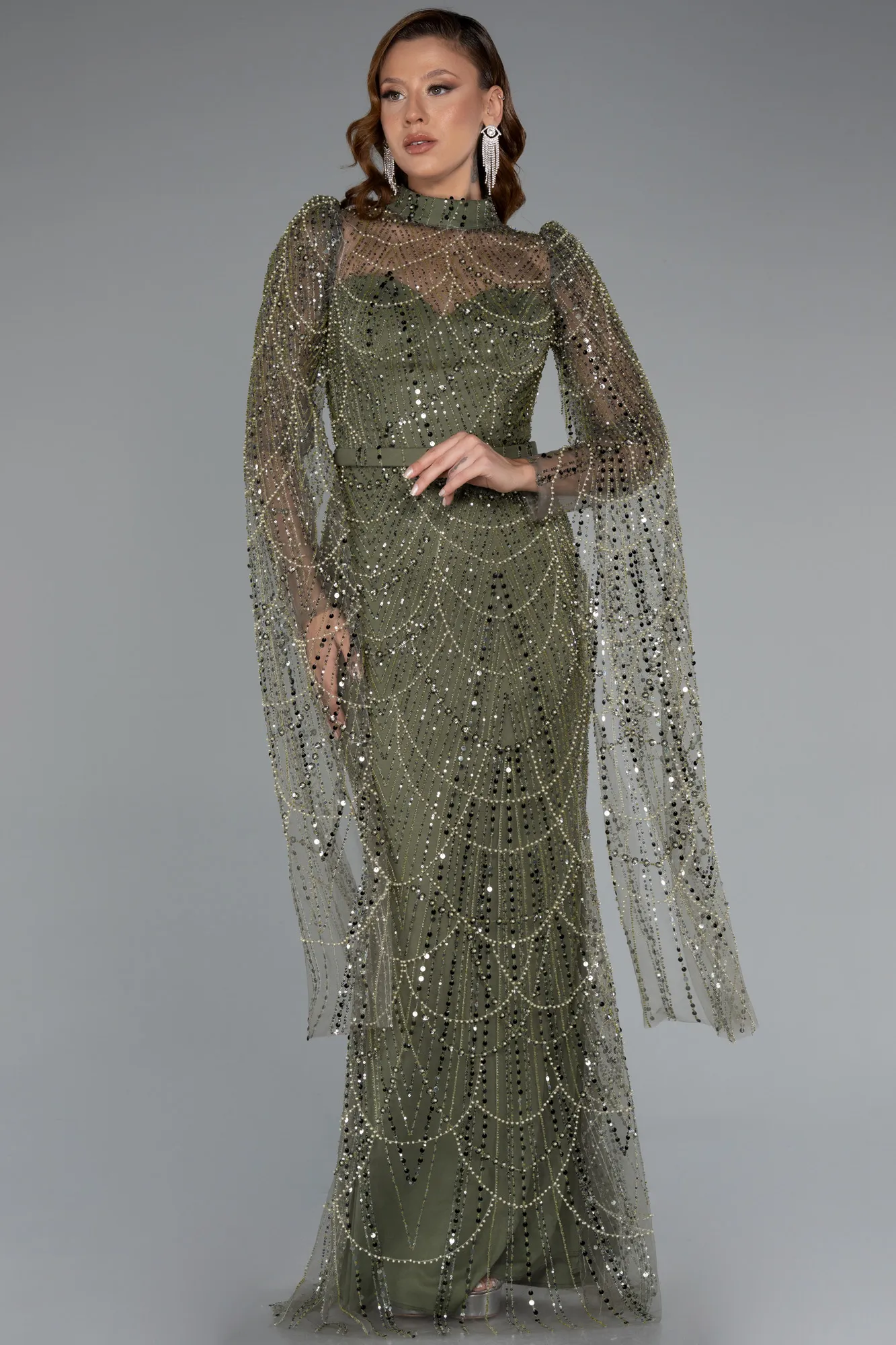 Olive Drab-Long Beaded Evening Dress ABU5152