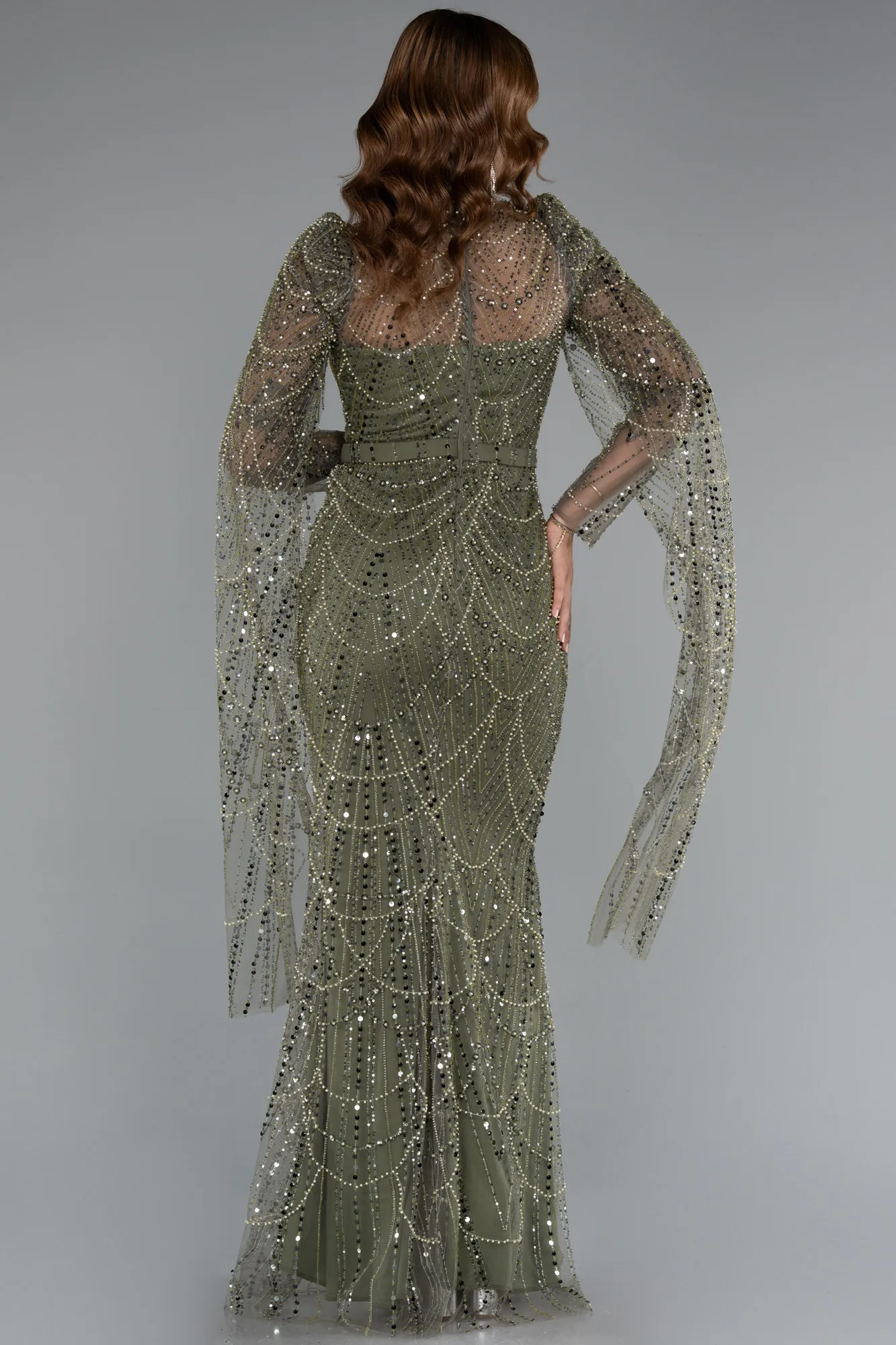 Olive Drab-Long Beaded Evening Dress ABU5152