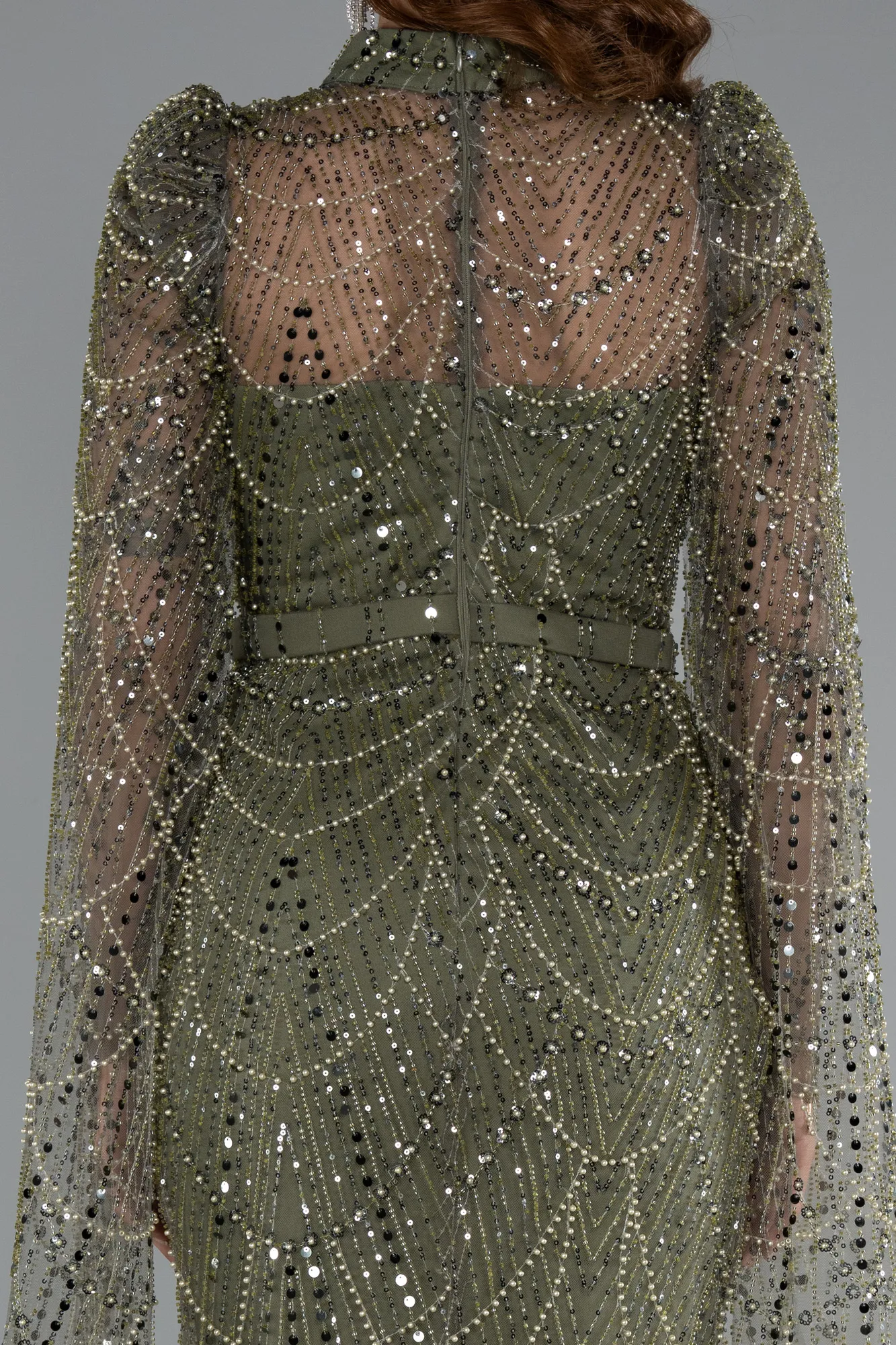 Olive Drab-Long Beaded Evening Dress ABU5152