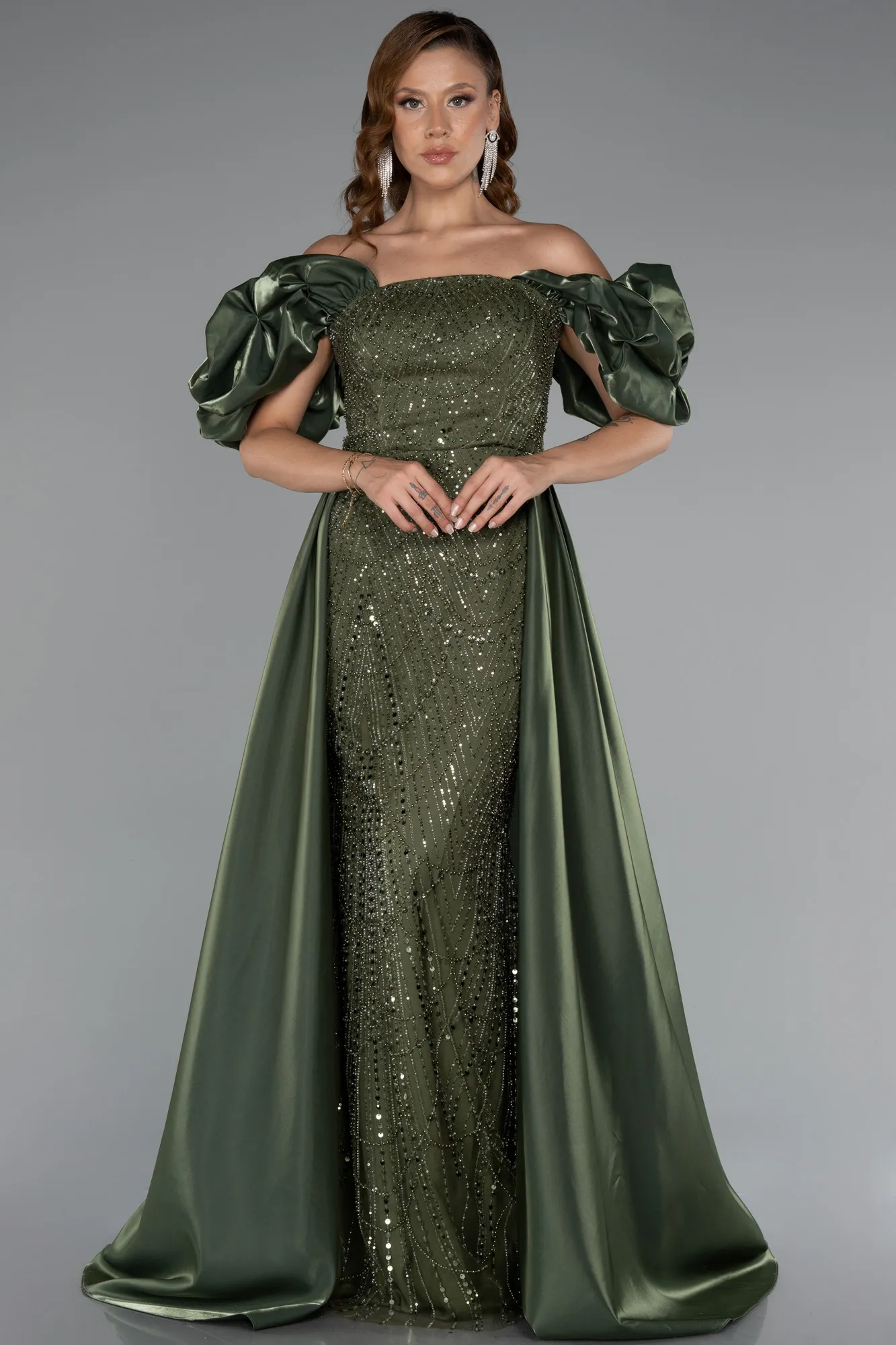 Olive Drab-Long Beaded Evening Dress ABU5154