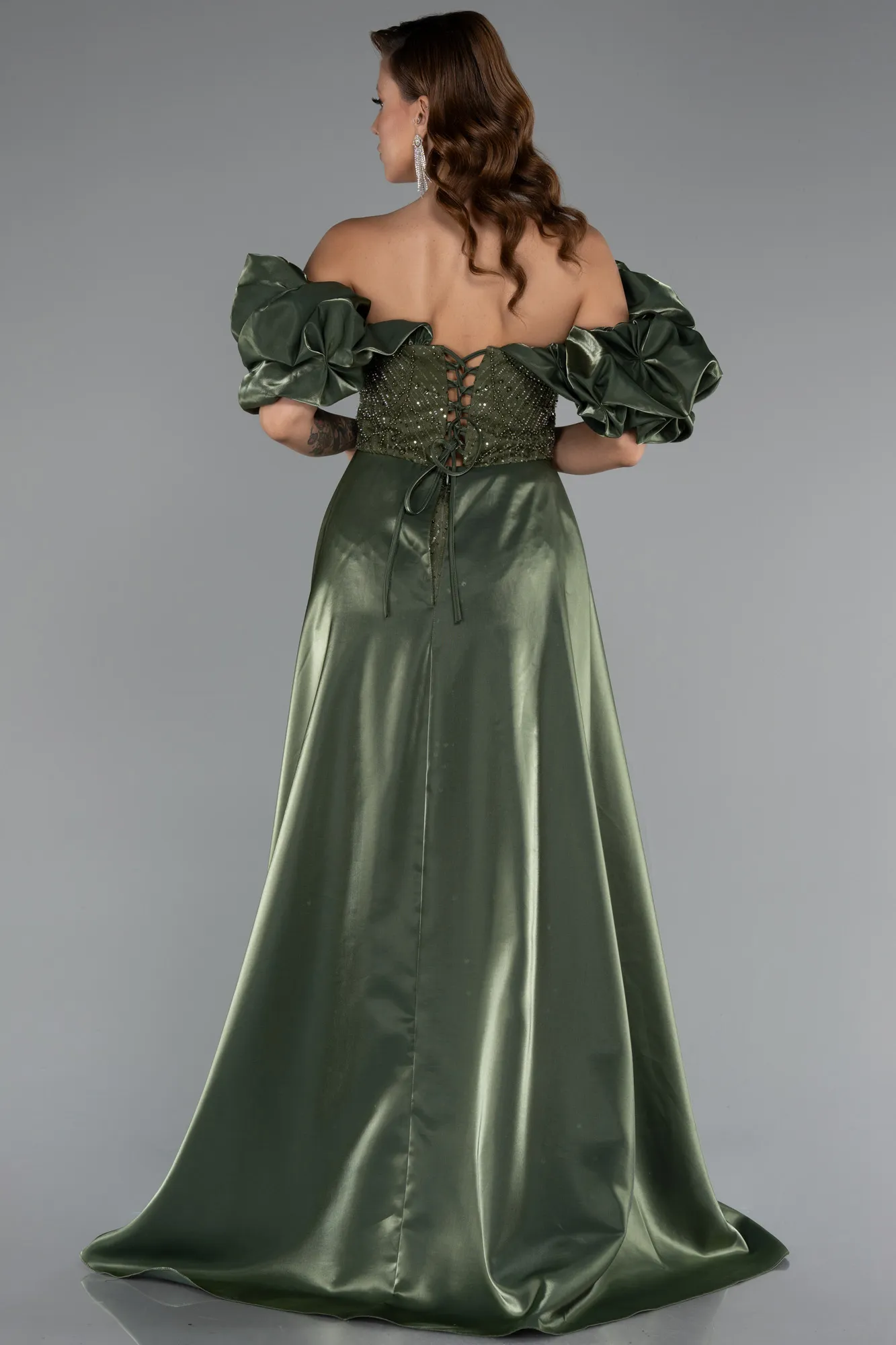 Olive Drab-Long Beaded Evening Dress ABU5154
