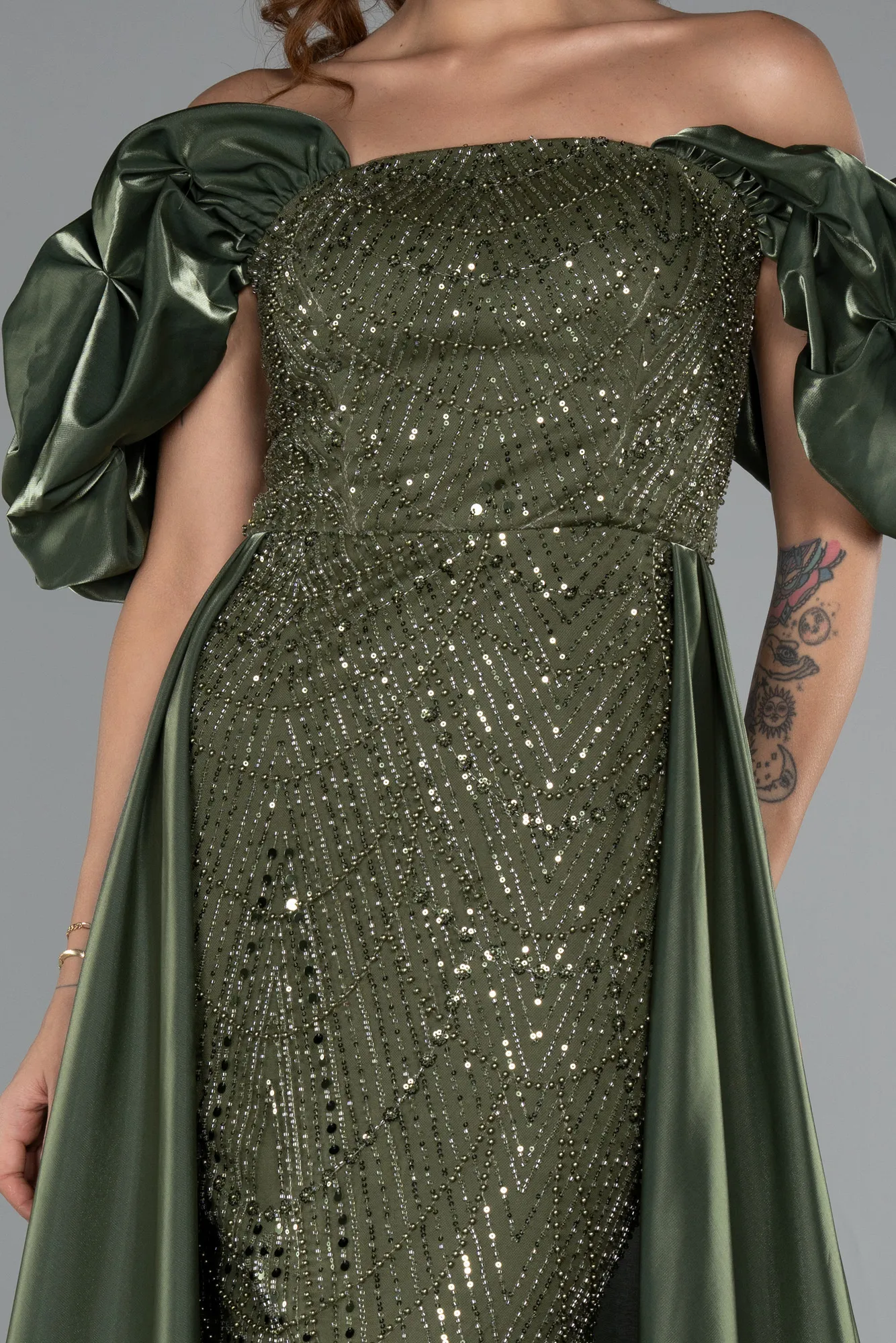 Olive Drab-Long Beaded Evening Dress ABU5154