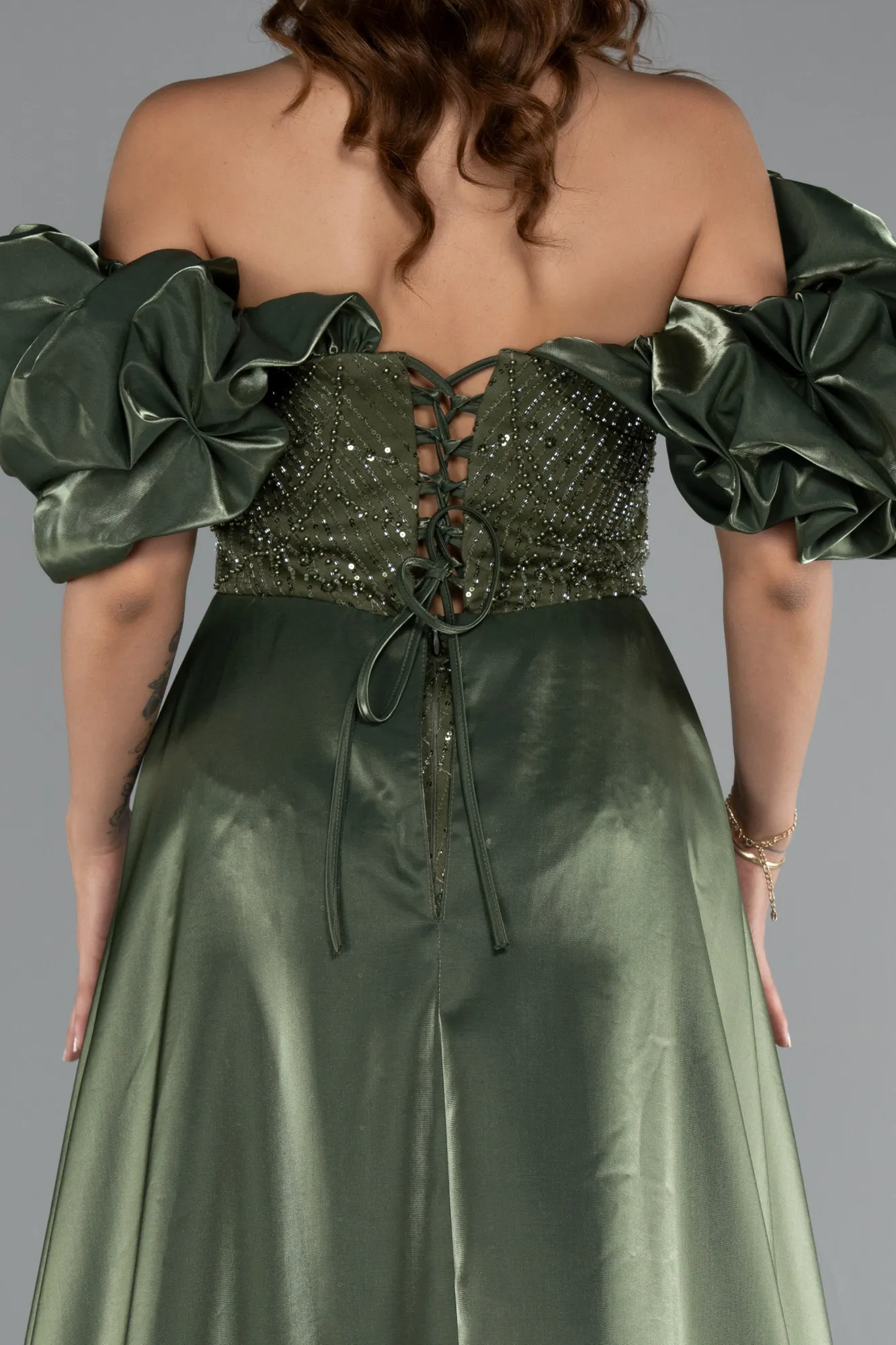 Olive Drab-Long Beaded Evening Dress ABU5154