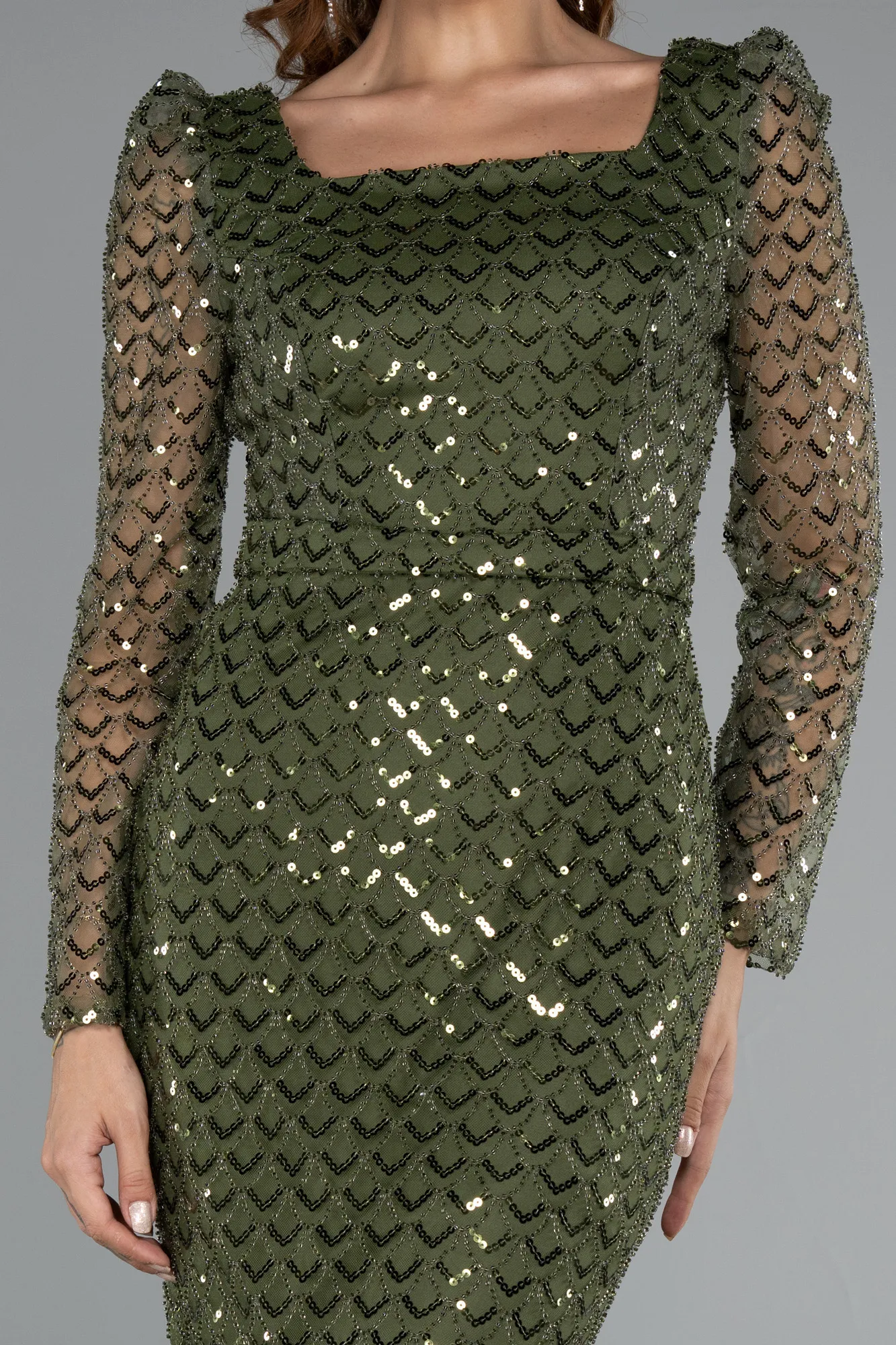 Olive Drab-Long Beaded Evening Dress ABU5165