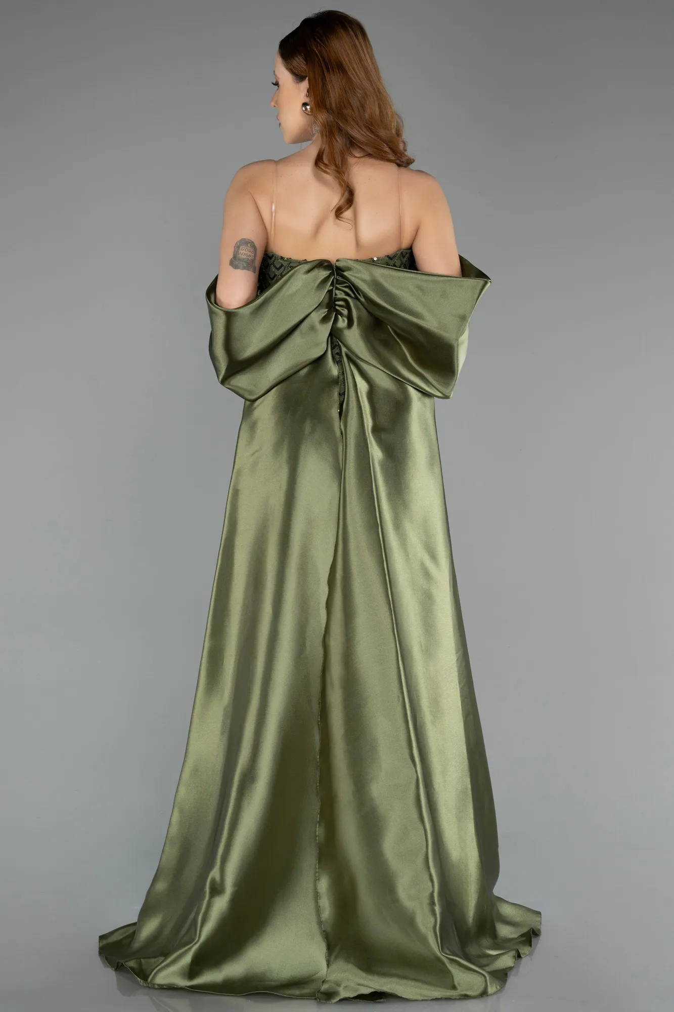 Olive Drab-Long Beaded Evening Dress ABU5234