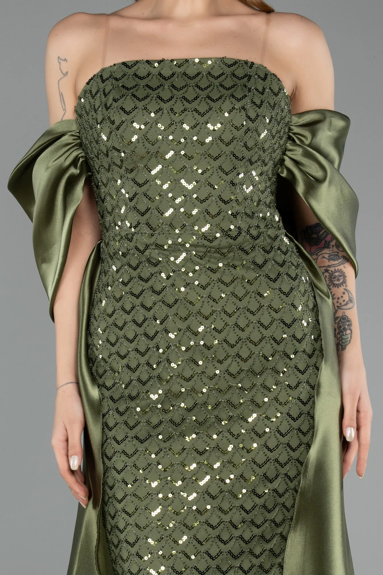 Olive Drab-Long Beaded Evening Dress ABU5234