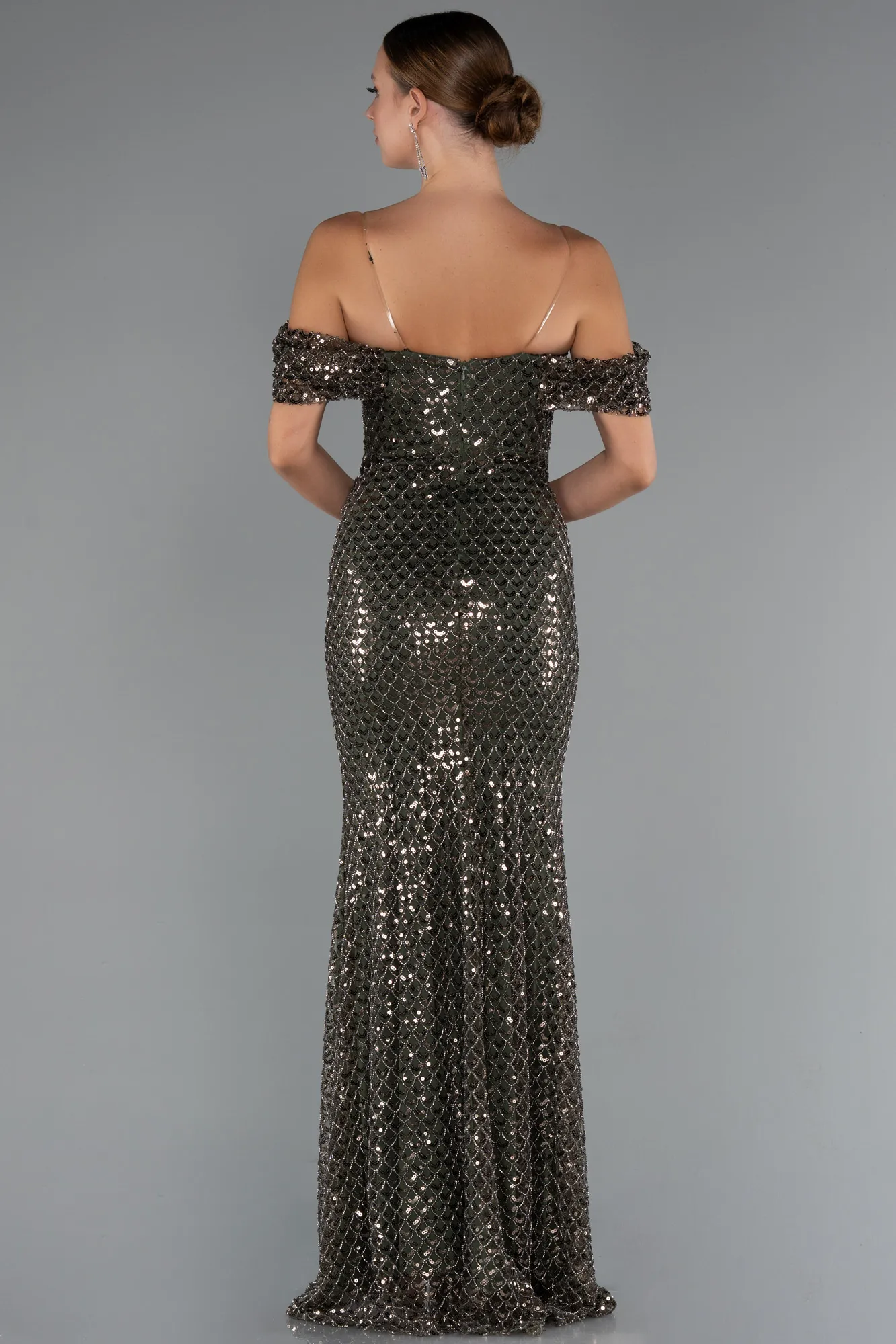 Olive Drab-Long Beaded Evening Dress ABU5239