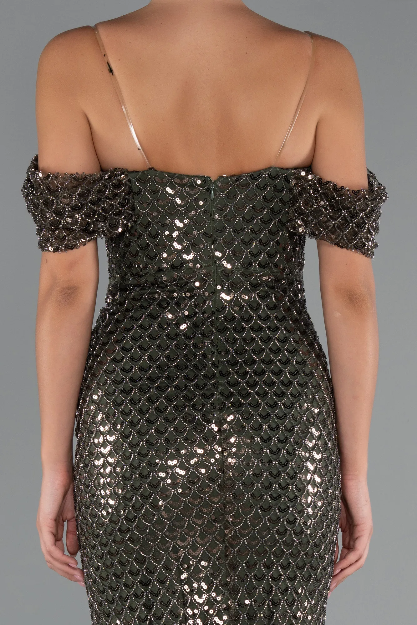 Olive Drab-Long Beaded Evening Dress ABU5239