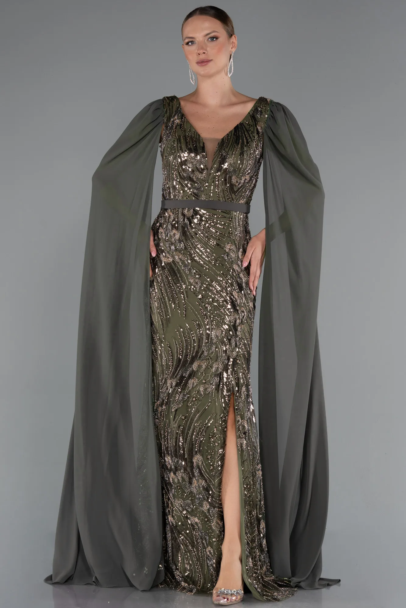 Olive Drab-Long Beaded Evening Dress ABU5248