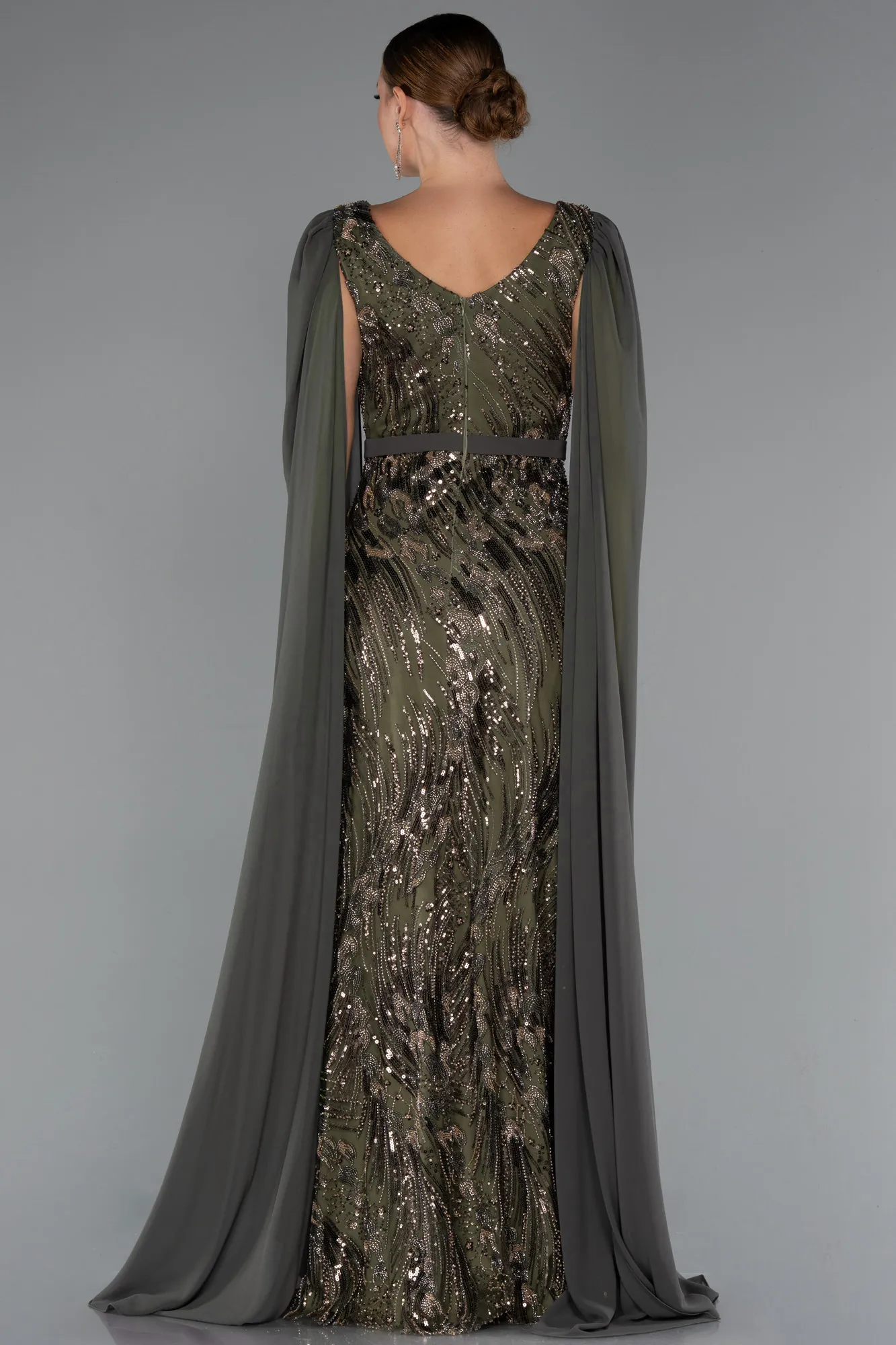 Olive Drab-Long Beaded Evening Dress ABU5248