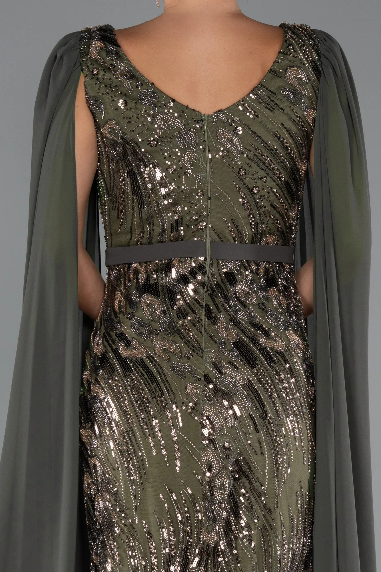 Olive Drab-Long Beaded Evening Dress ABU5248