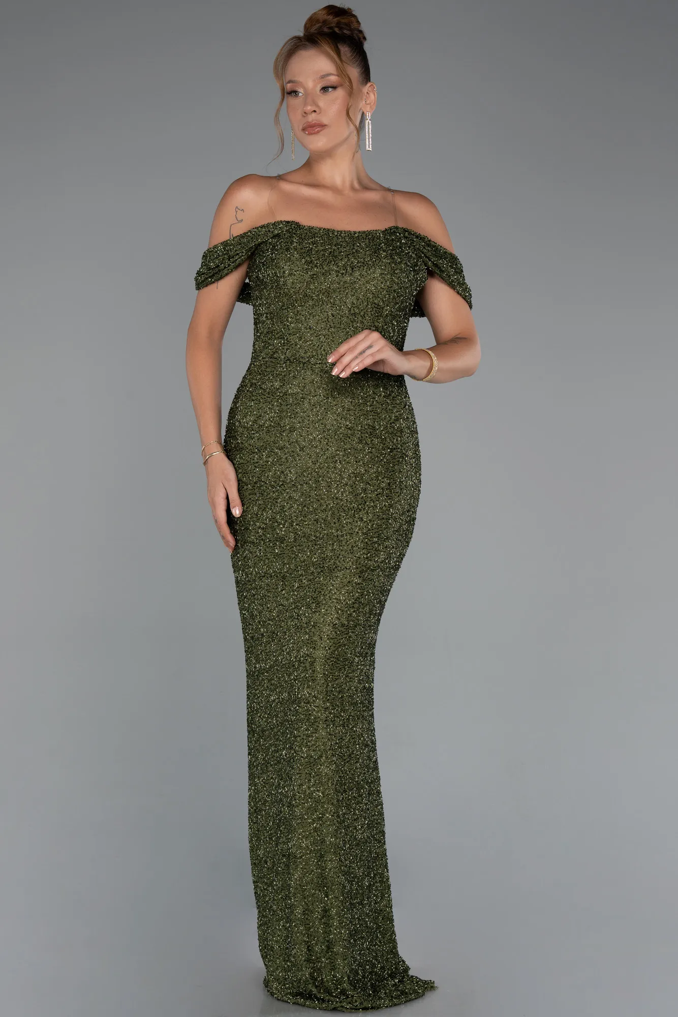 Olive Drab-Long Beaded Evening Dress ABU5285
