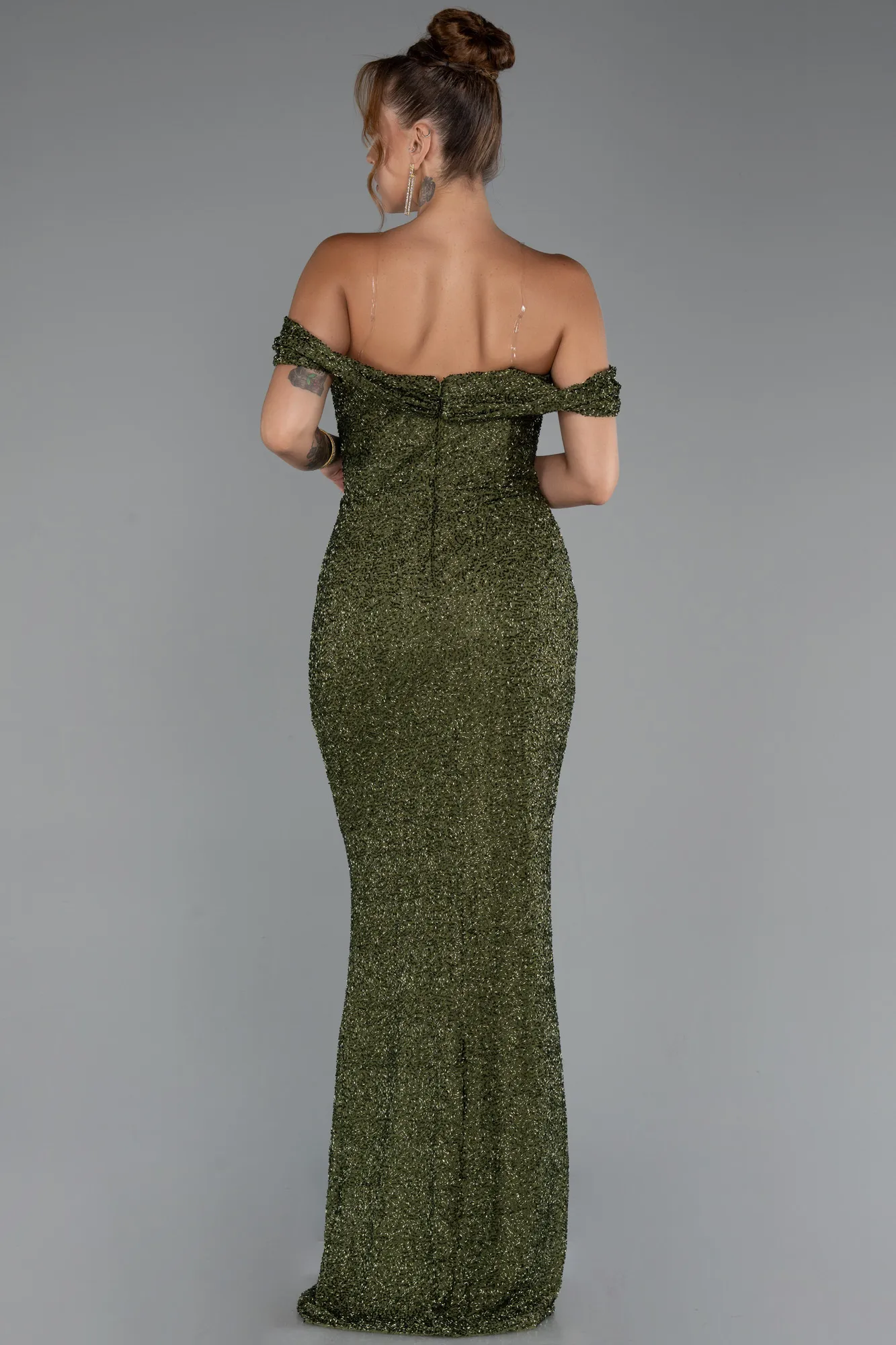 Olive Drab-Long Beaded Evening Dress ABU5285