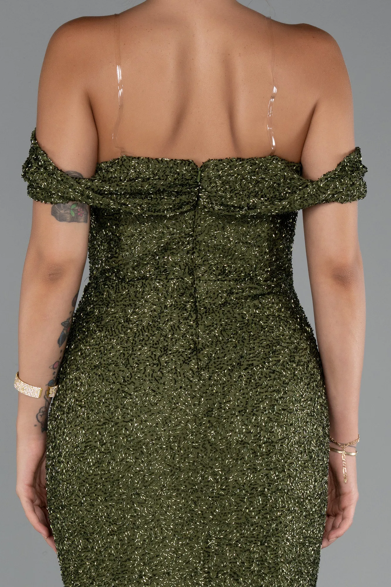 Olive Drab-Long Beaded Evening Dress ABU5285