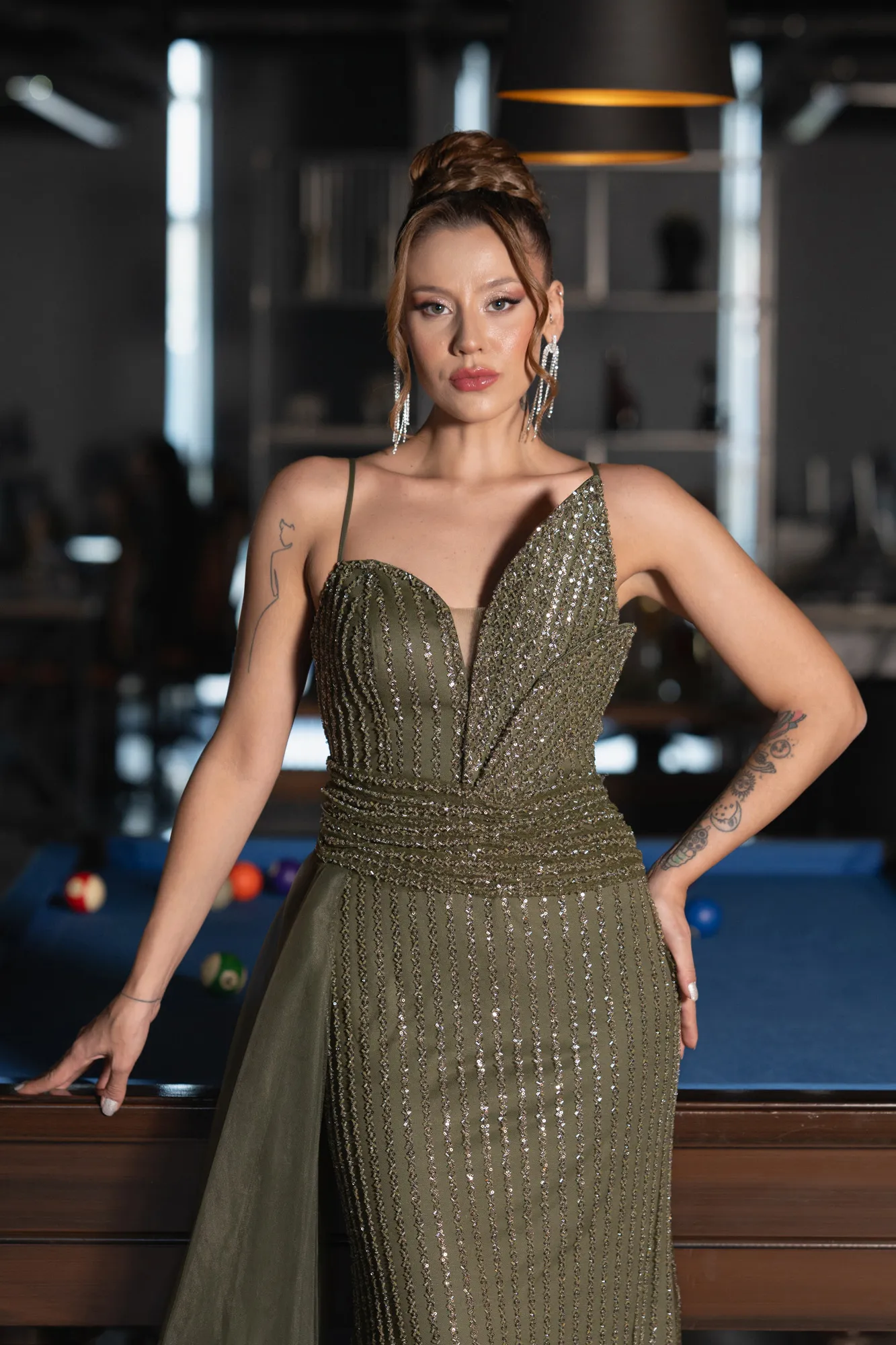 Olive Drab-Long Beaded Evening Dress ABU5297