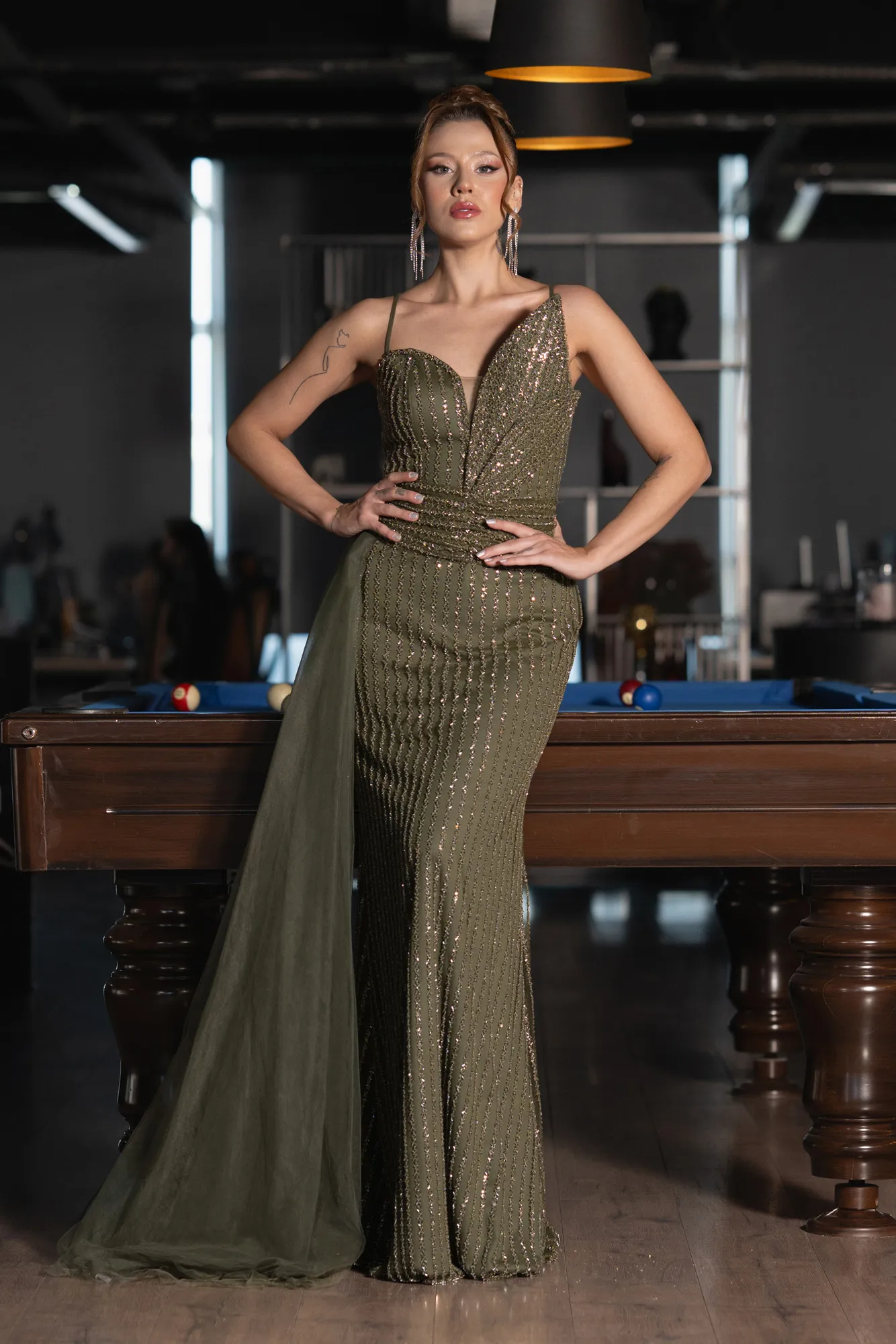 Olive Drab-Long Beaded Evening Dress ABU5297