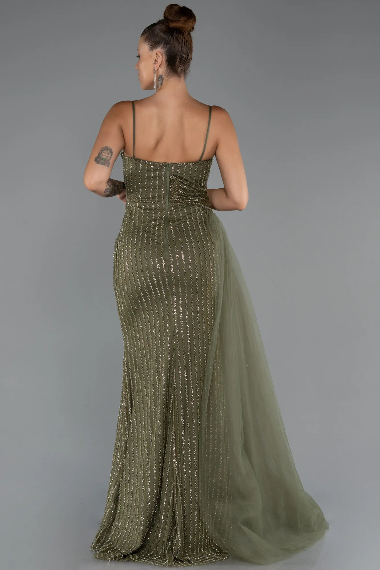Olive Drab-Long Beaded Evening Dress ABU5297