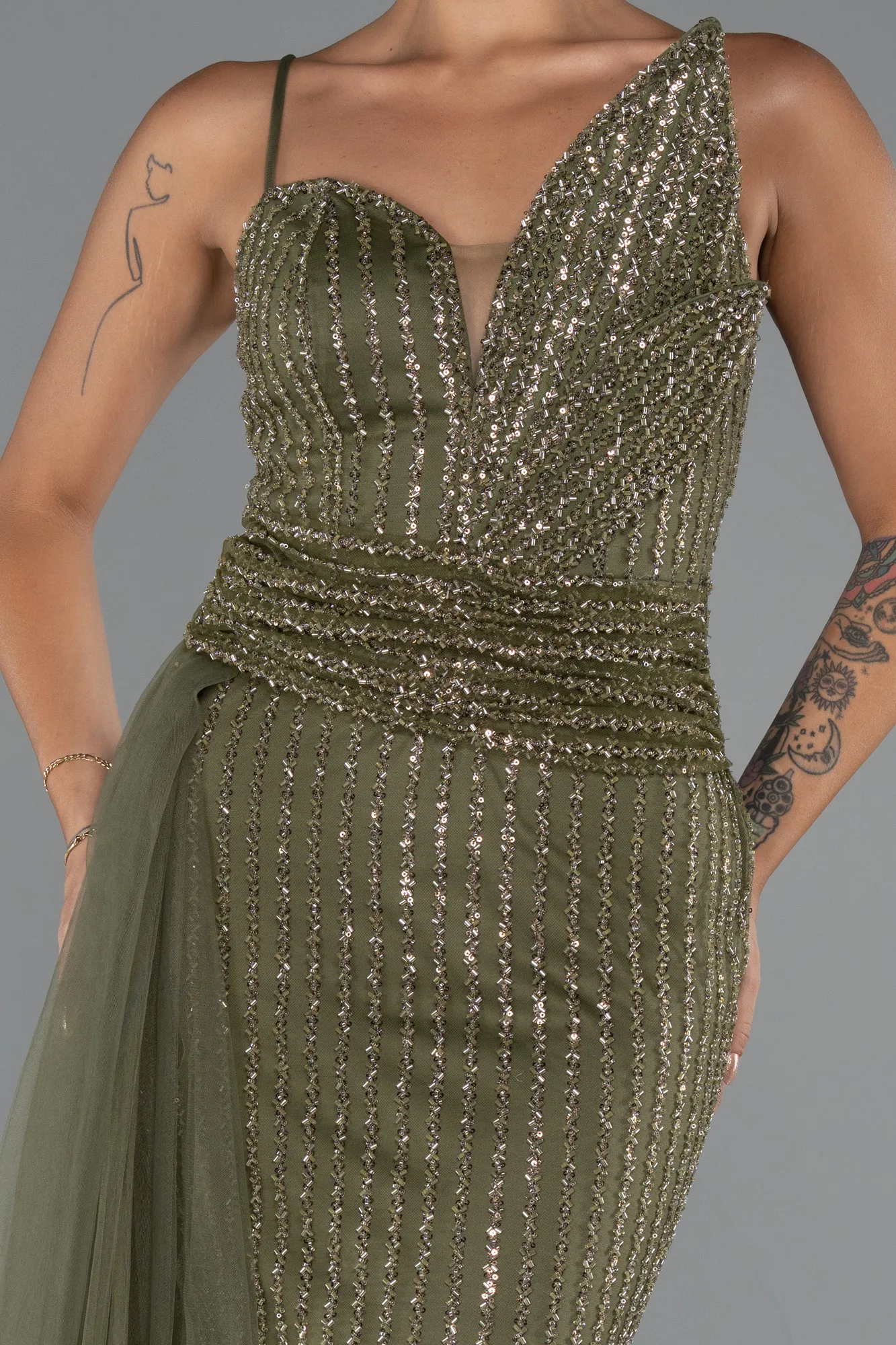 Olive Drab-Long Beaded Evening Dress ABU5297
