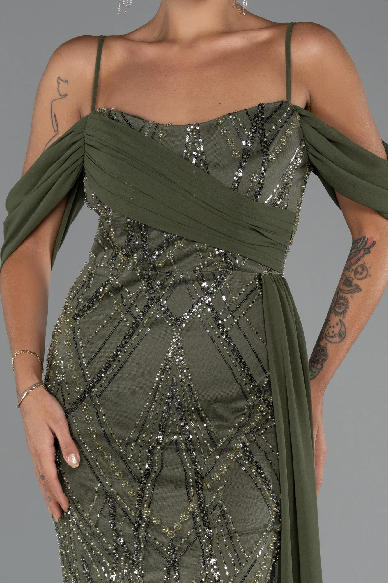 Olive Drab-Long Beaded Evening Dress ABU5316