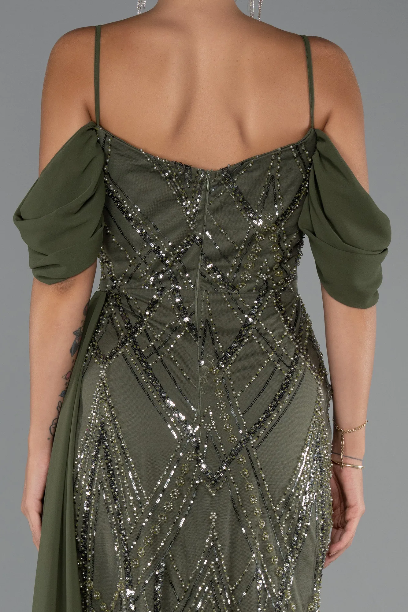 Olive Drab-Long Beaded Evening Dress ABU5316