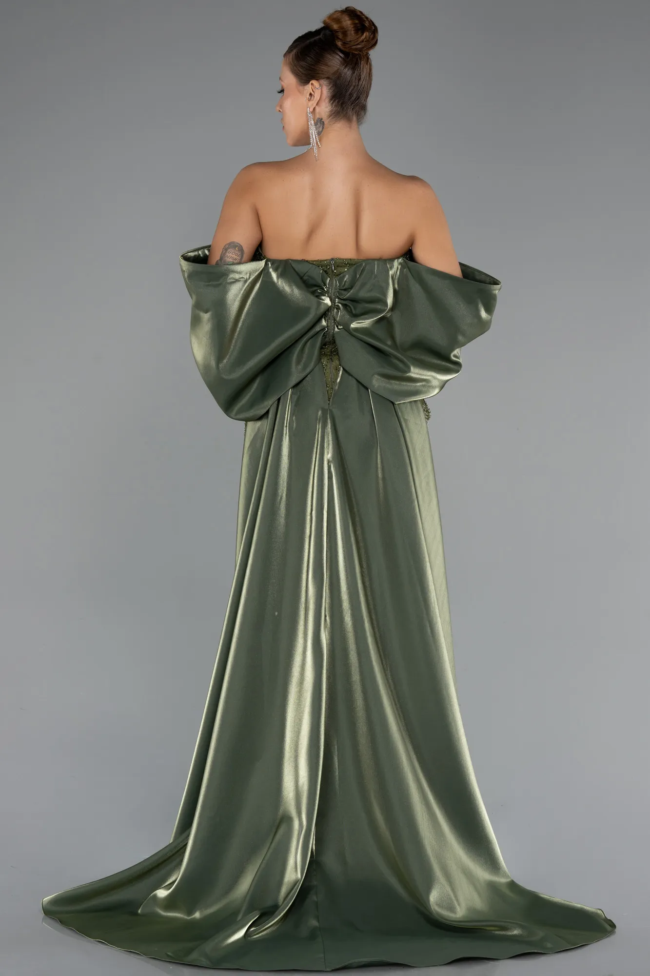 Olive Drab-Long Beaded Evening Dress ABU5335