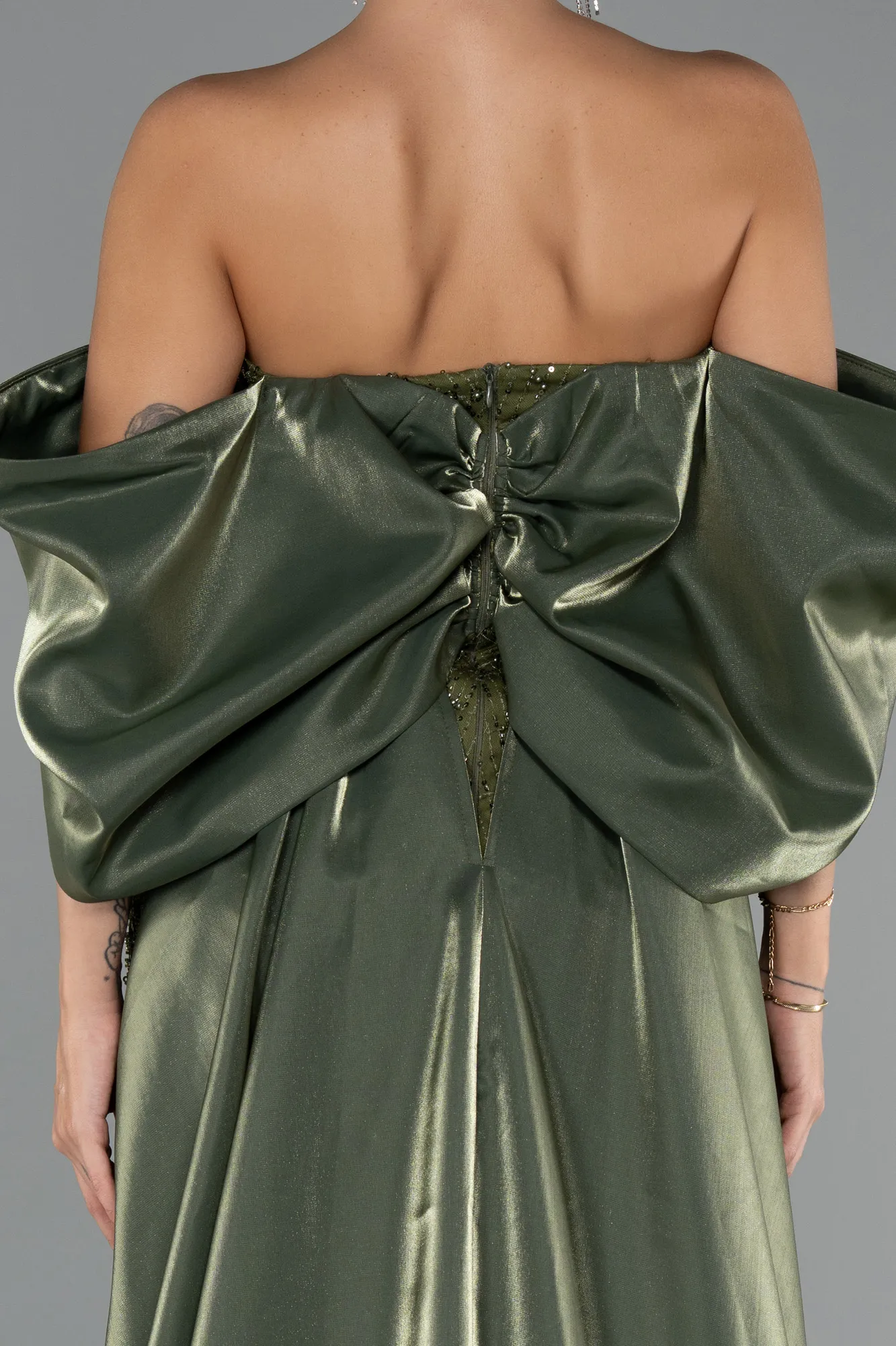 Olive Drab-Long Beaded Evening Dress ABU5335