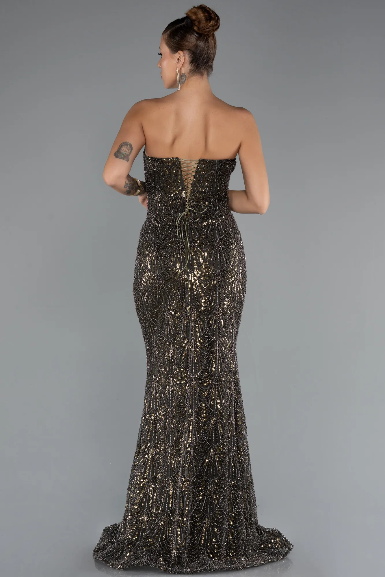 Olive Drab-Long Beaded Evening Dress ABU5345
