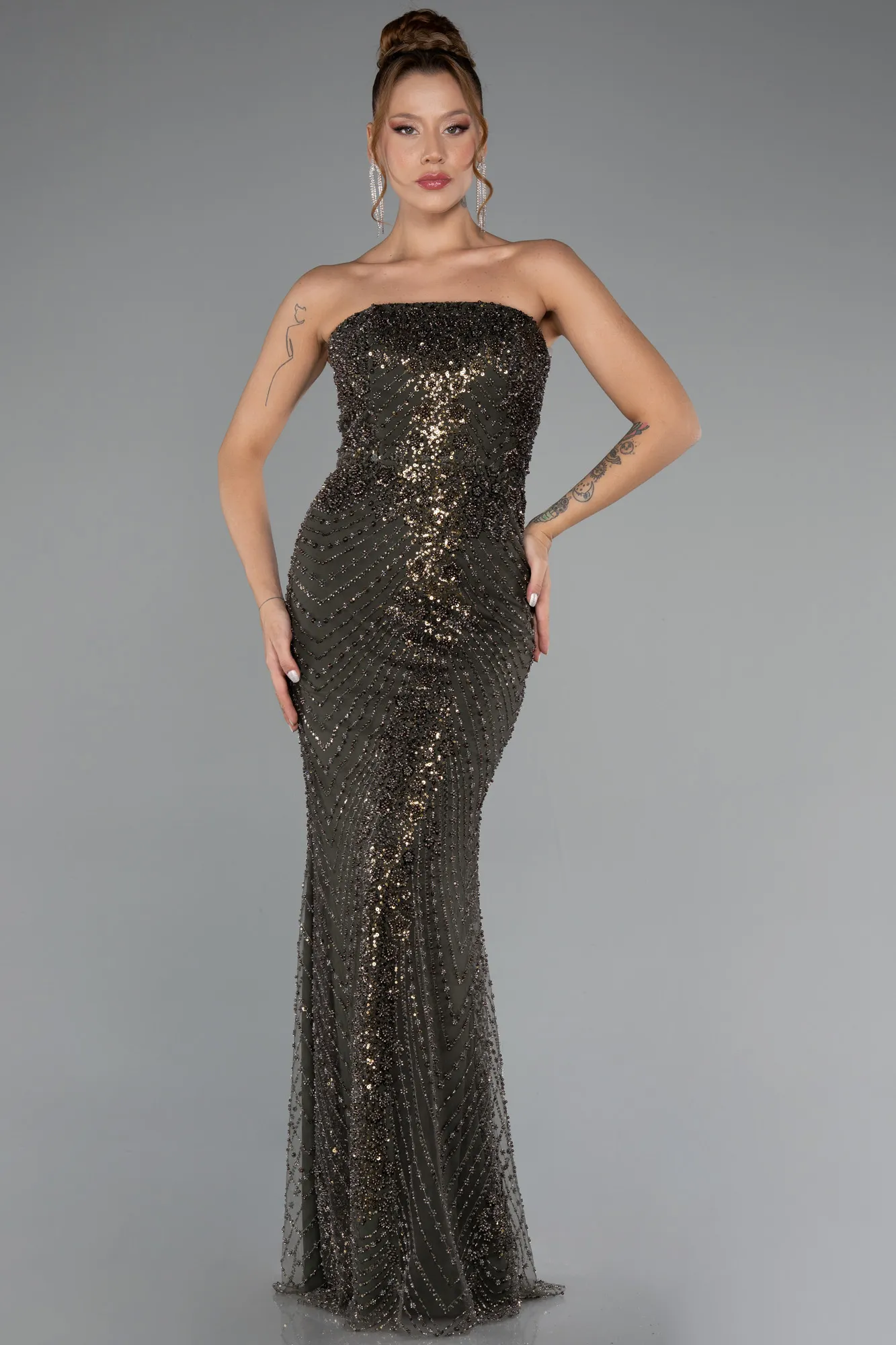 Olive Drab-Long Beaded Evening Dress ABU5363