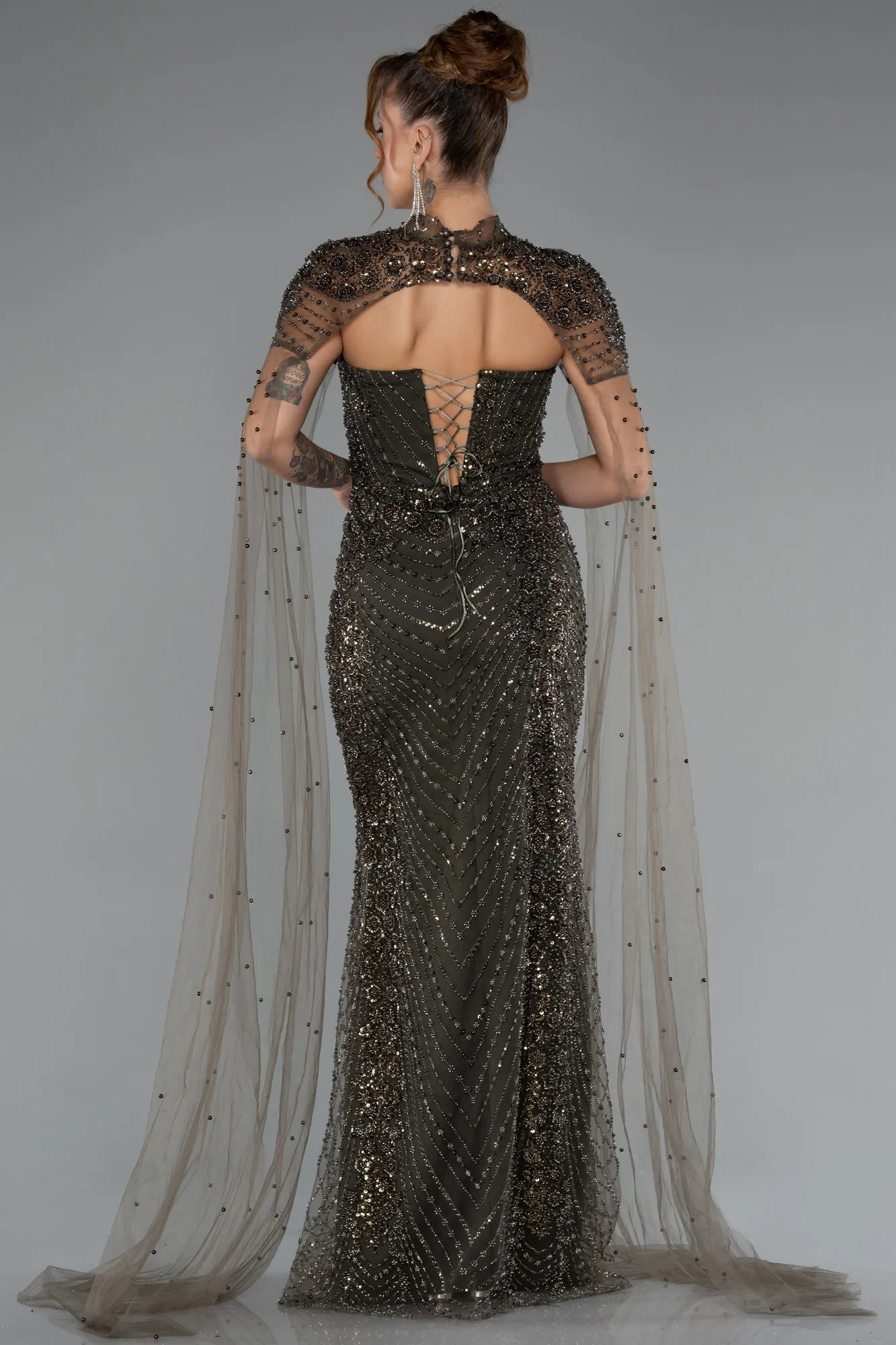 Olive Drab-Long Beaded Evening Dress ABU5363