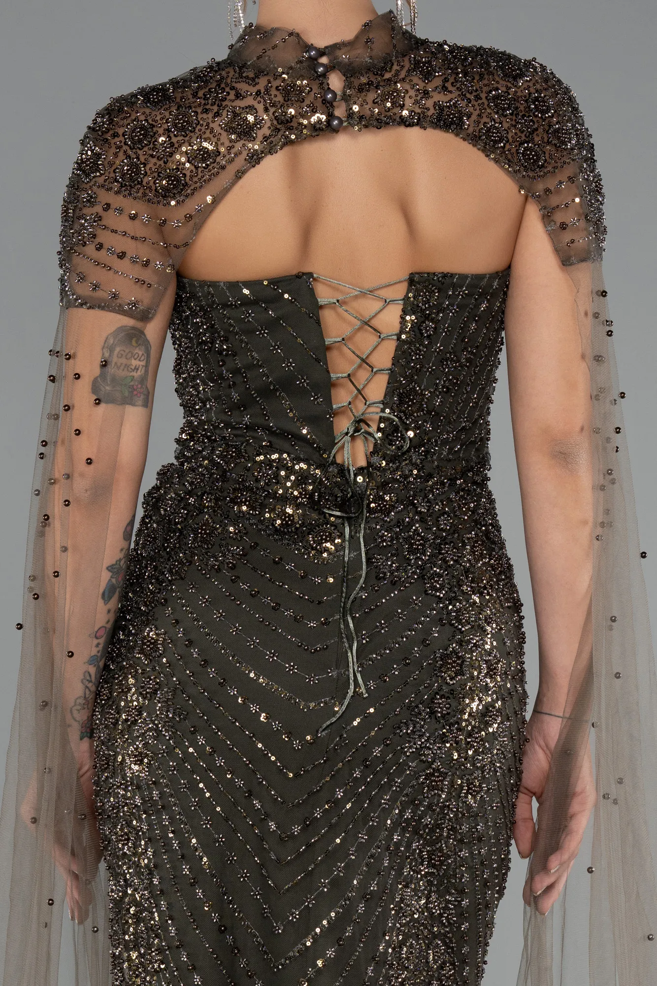 Olive Drab-Long Beaded Evening Dress ABU5363
