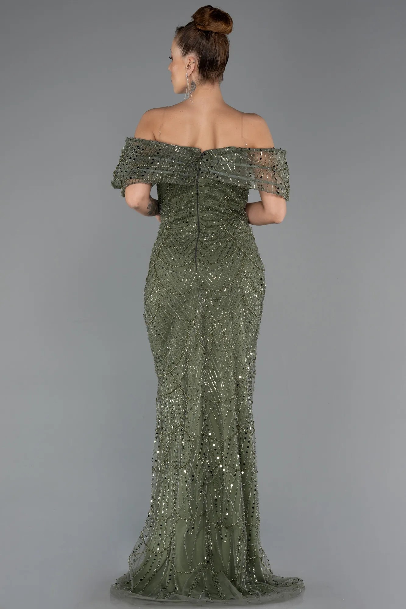 Olive Drab-Long Beaded Evening Dress ABU5371