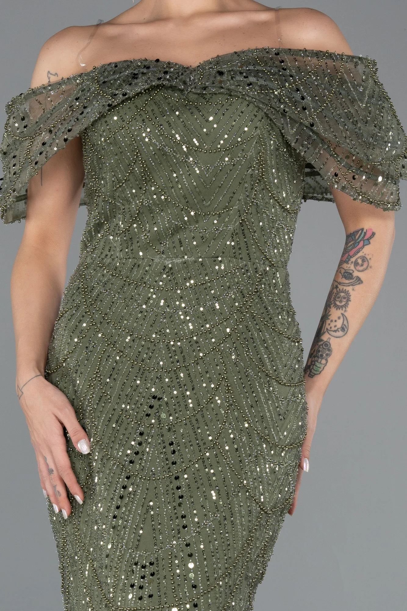 Olive Drab-Long Beaded Evening Dress ABU5371