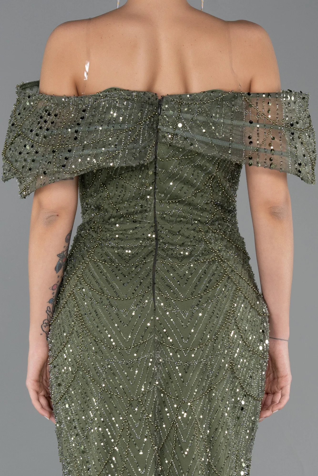 Olive Drab-Long Beaded Evening Dress ABU5371