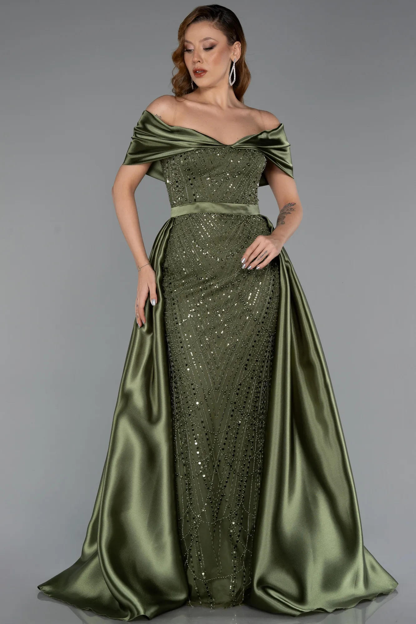 Olive Drab-Long Beaded Evening Dress ABU5400