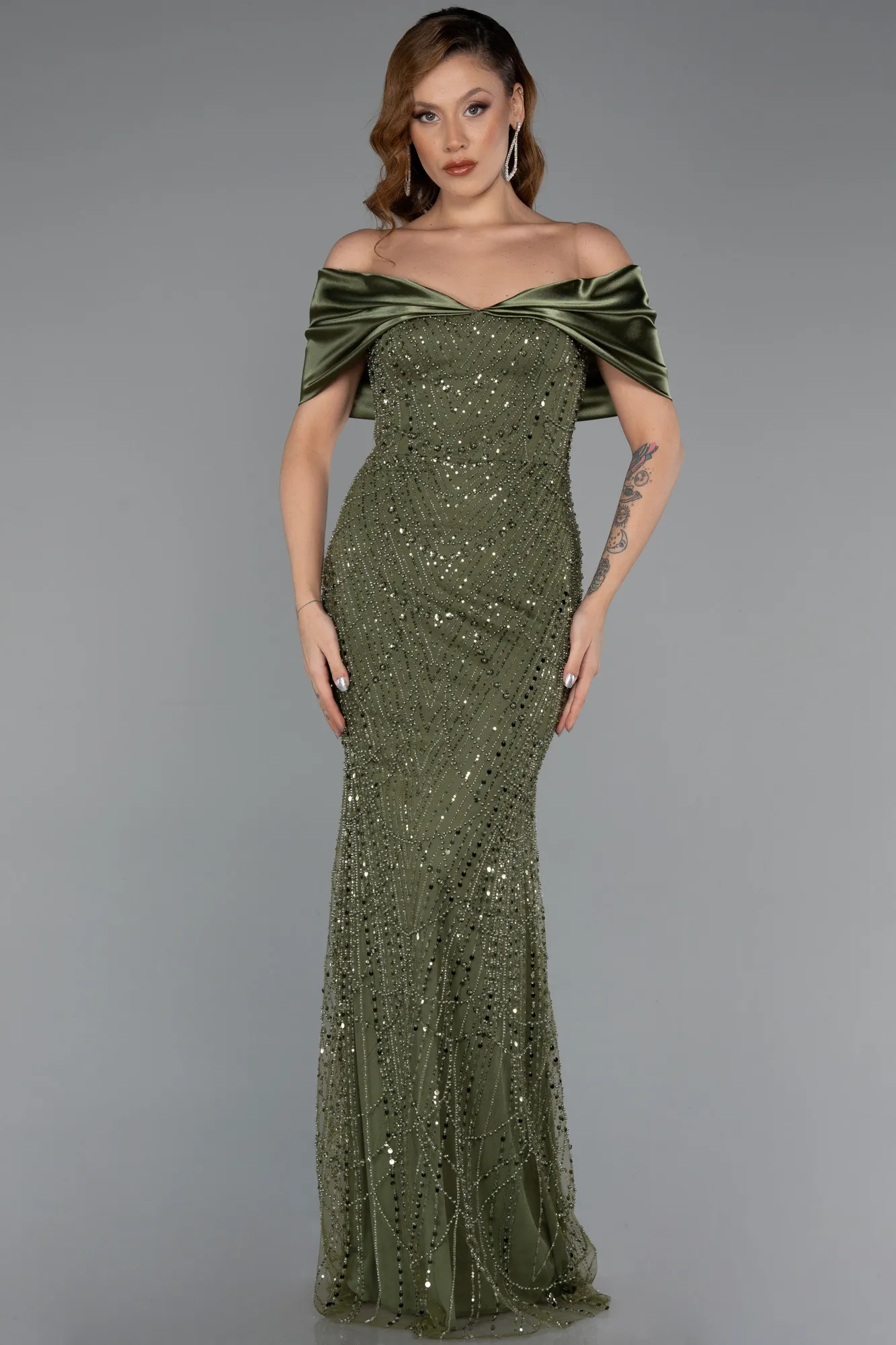 Olive Drab-Long Beaded Evening Dress ABU5400