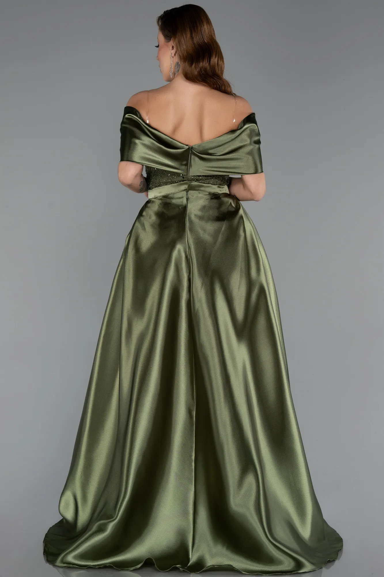 Olive Drab-Long Beaded Evening Dress ABU5400