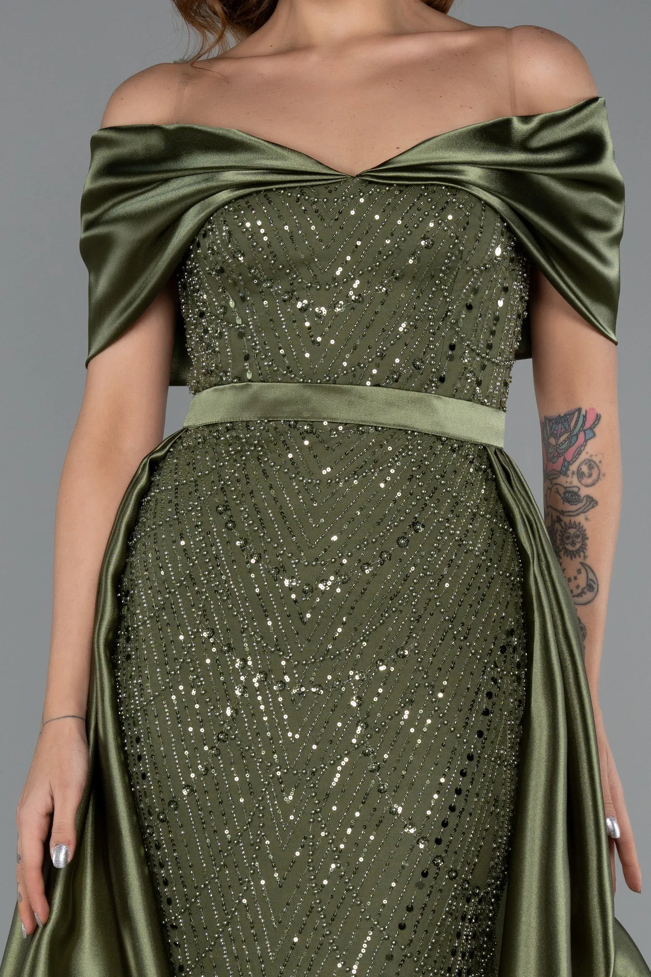 Olive Drab-Long Beaded Evening Dress ABU5400