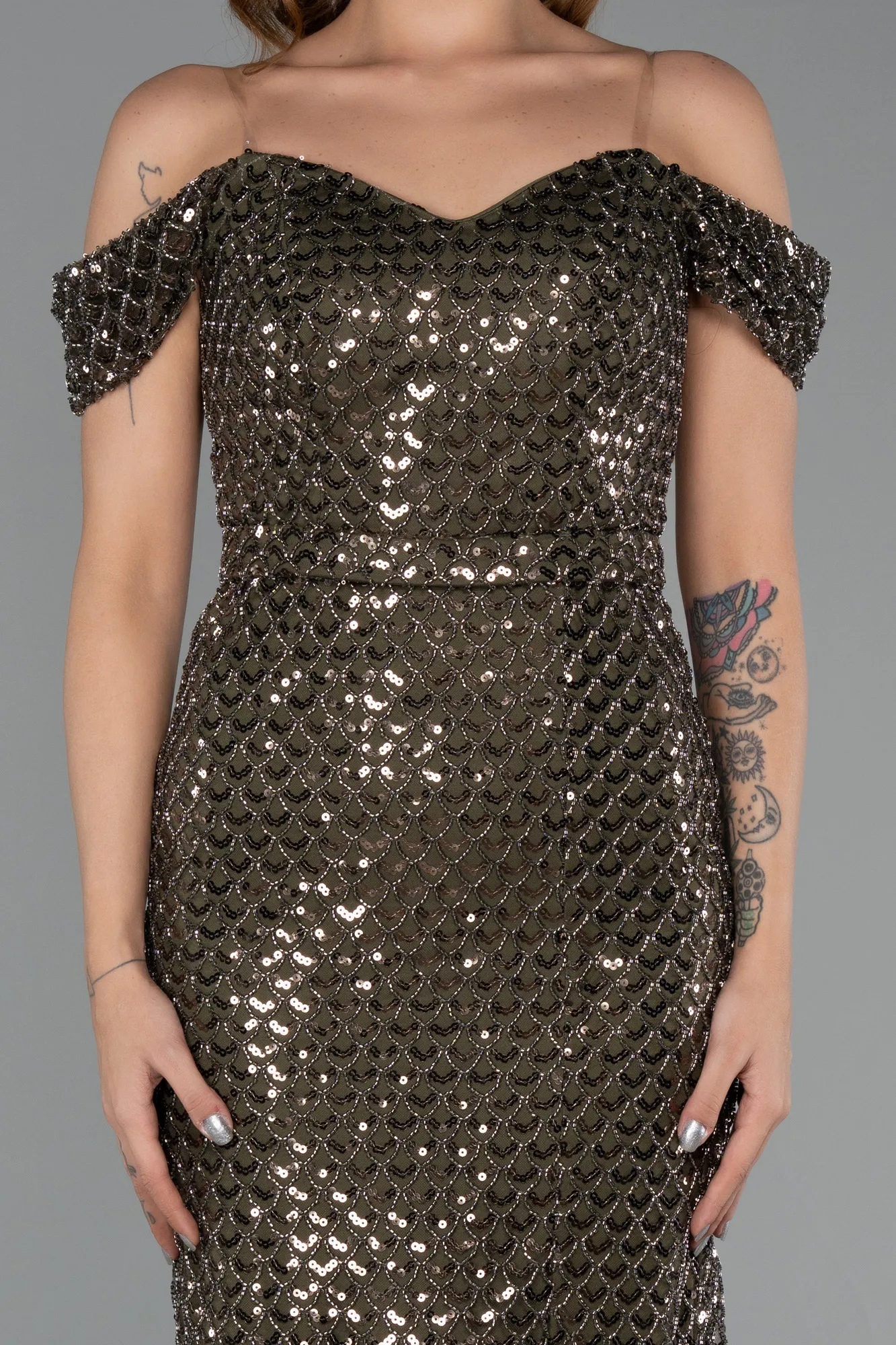 Olive Drab-Long Beaded Evening Dress ABU5401