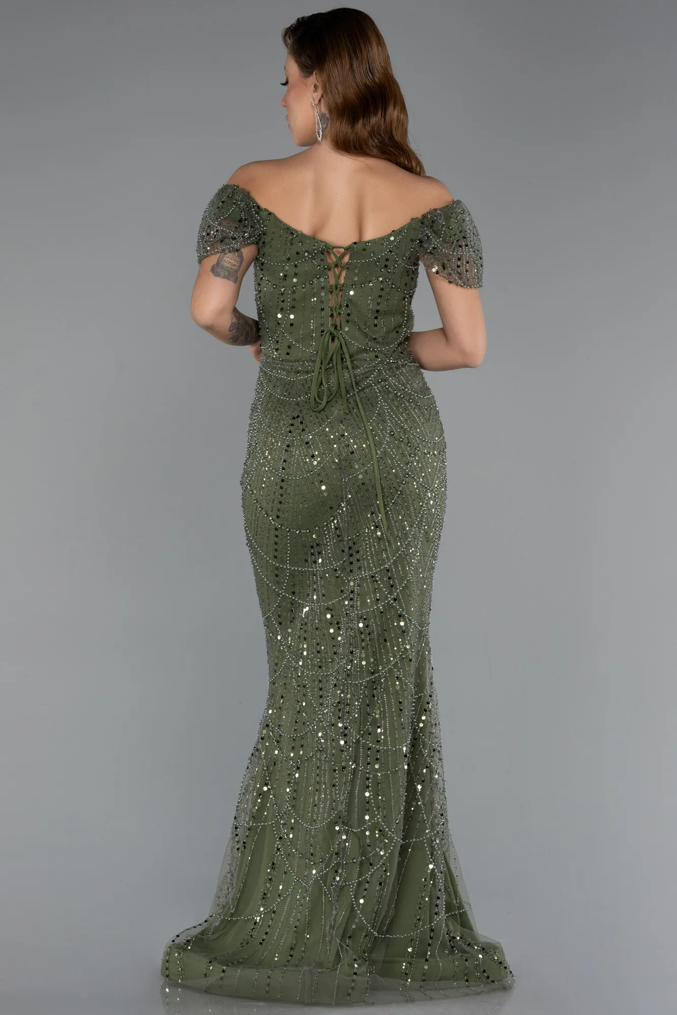 Olive Drab-Long Beaded Evening Dress ABU5404