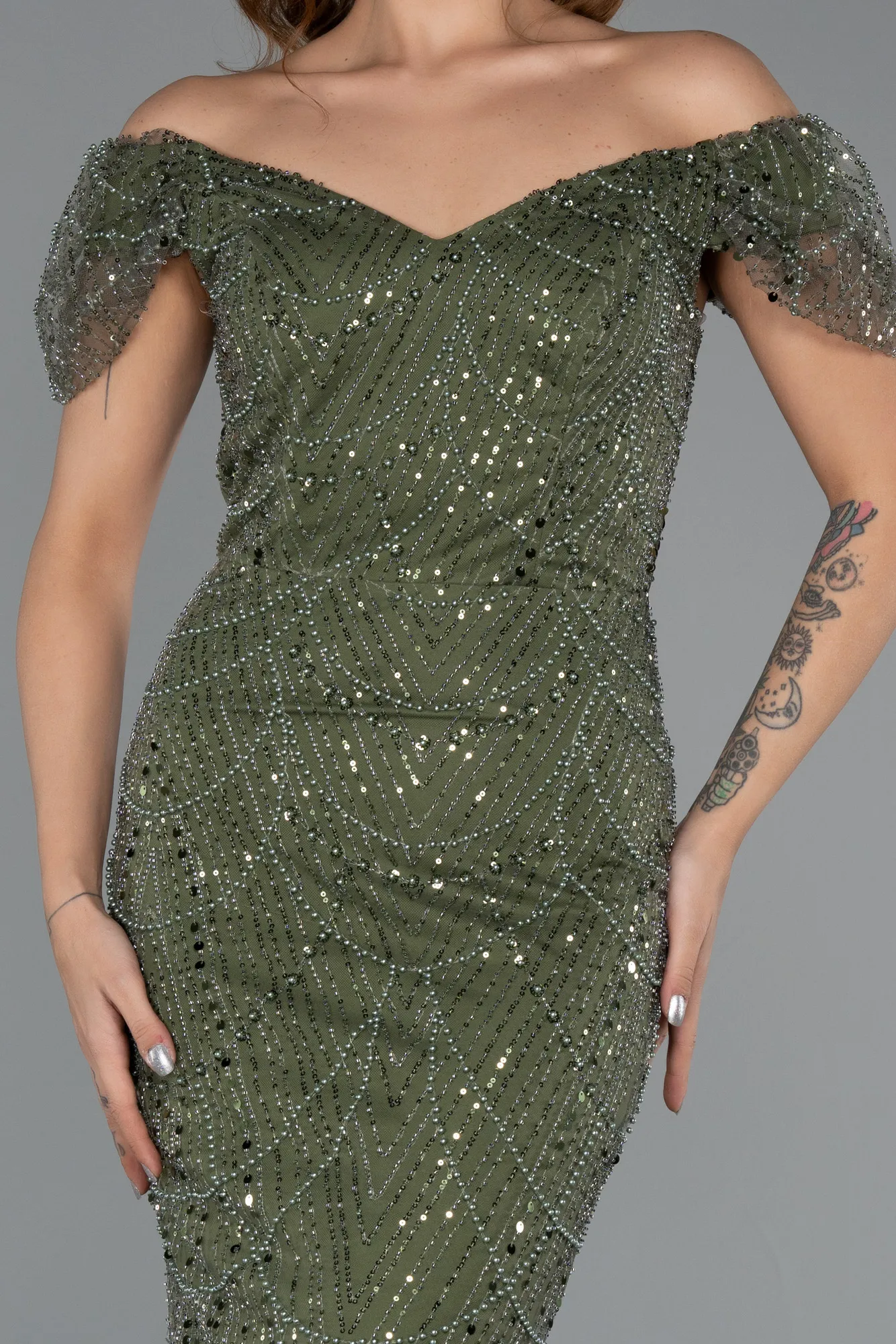 Olive Drab-Long Beaded Evening Dress ABU5404