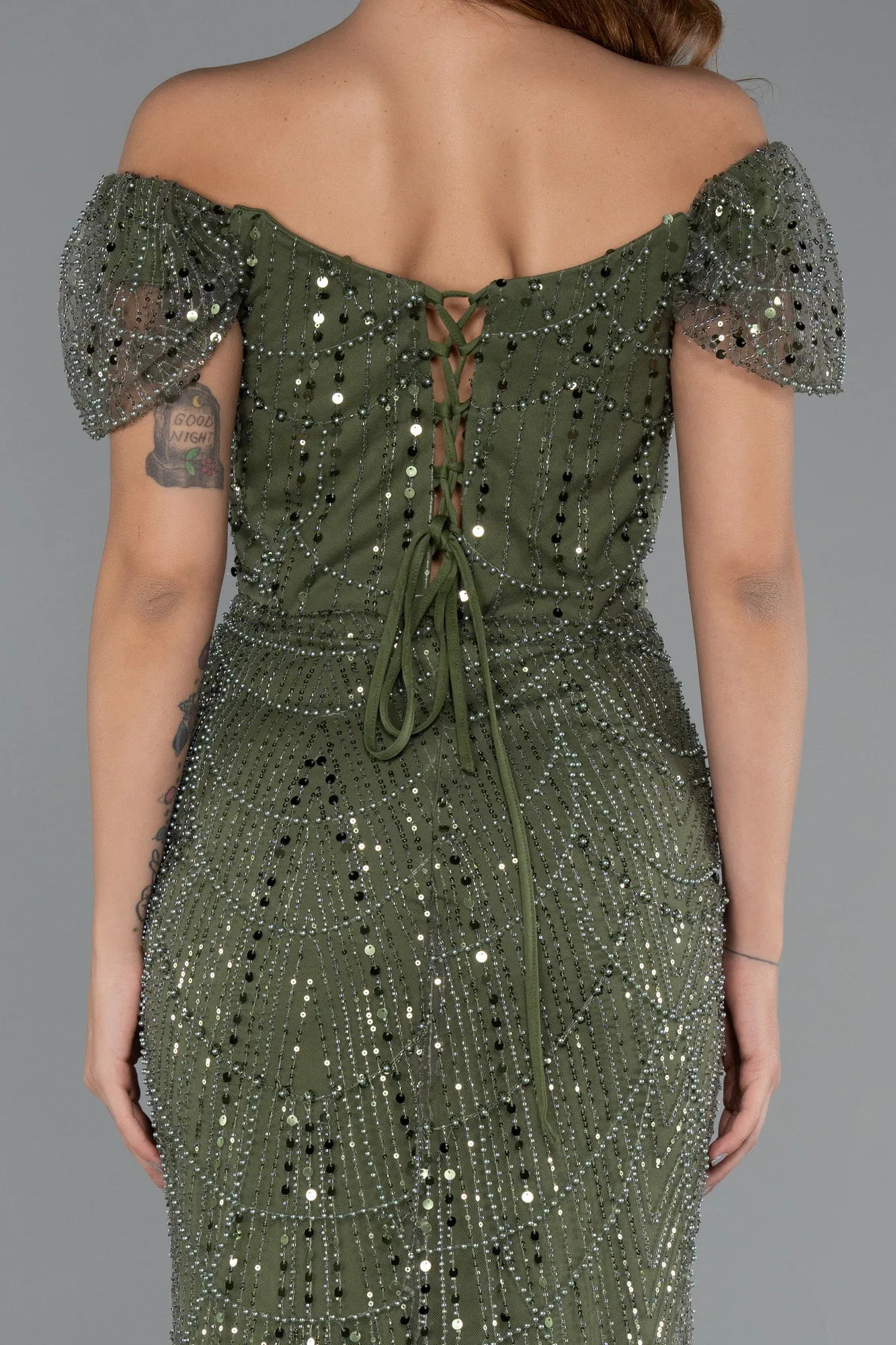 Olive Drab-Long Beaded Evening Dress ABU5404