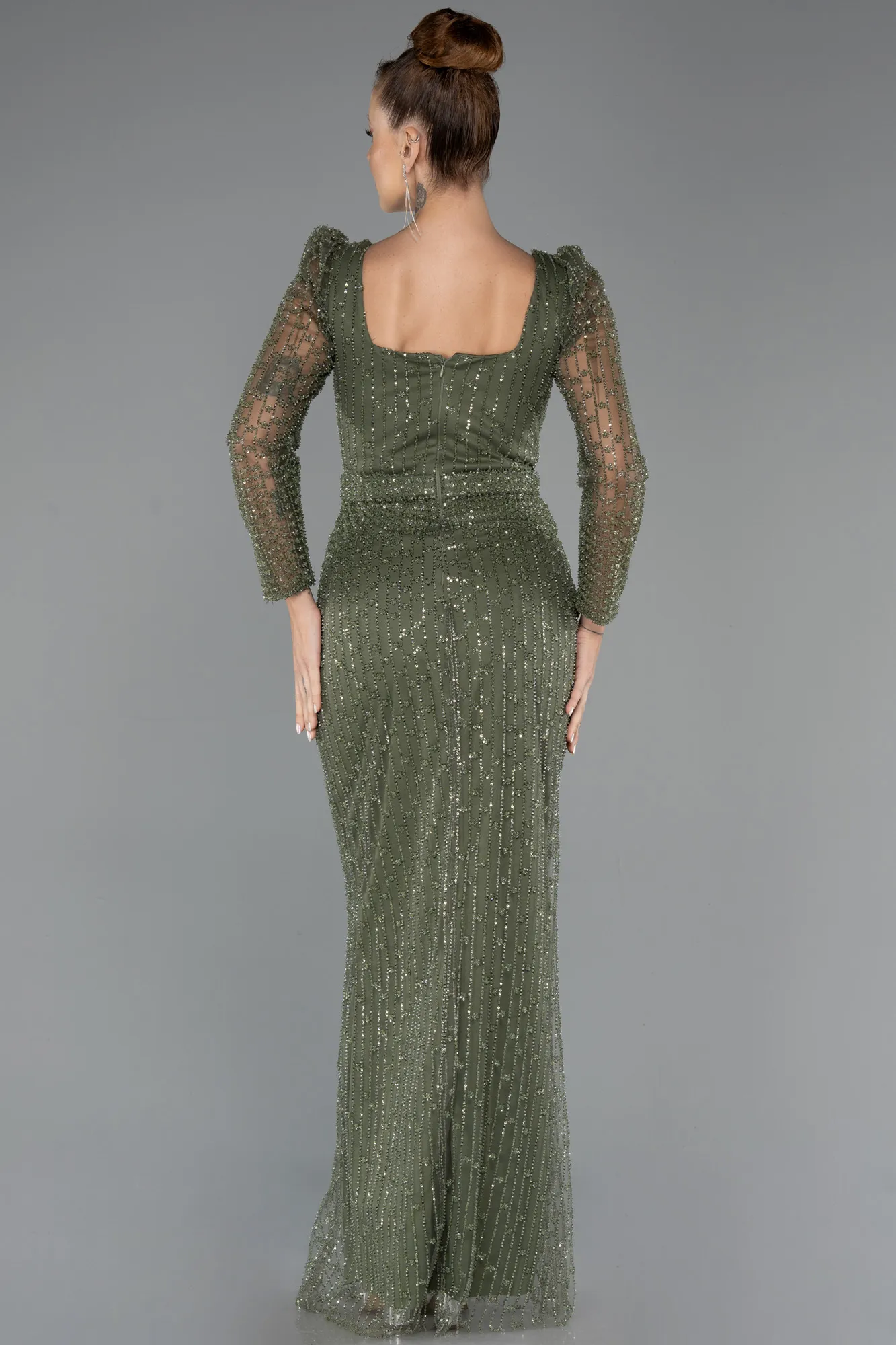 Olive Drab-Long Beaded Evening Dress ABU5431