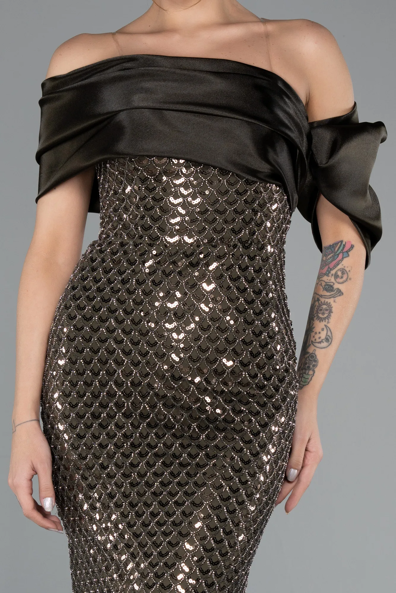 Olive Drab-Long Beaded Evening Dress ABU5434