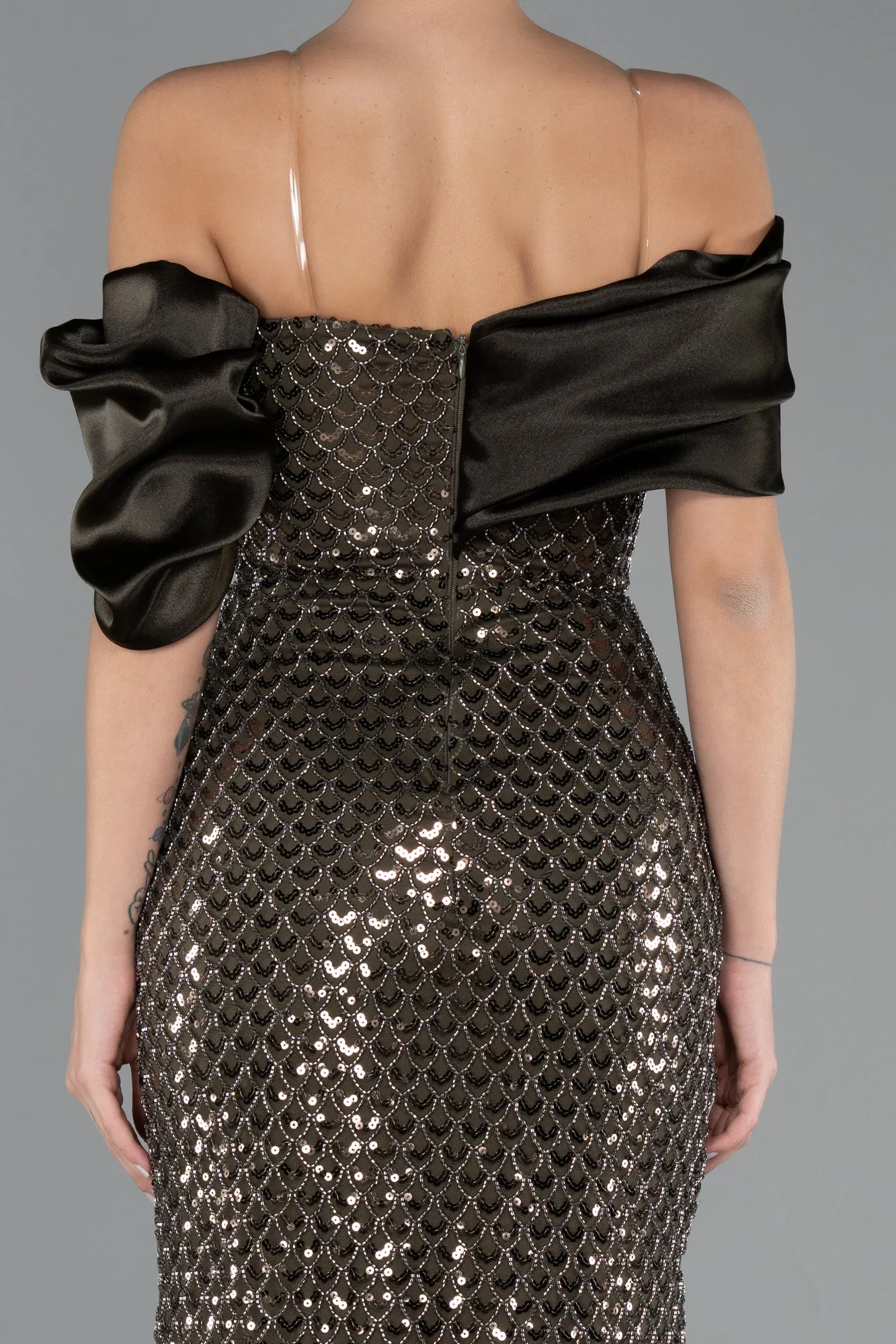 Olive Drab-Long Beaded Evening Dress ABU5434