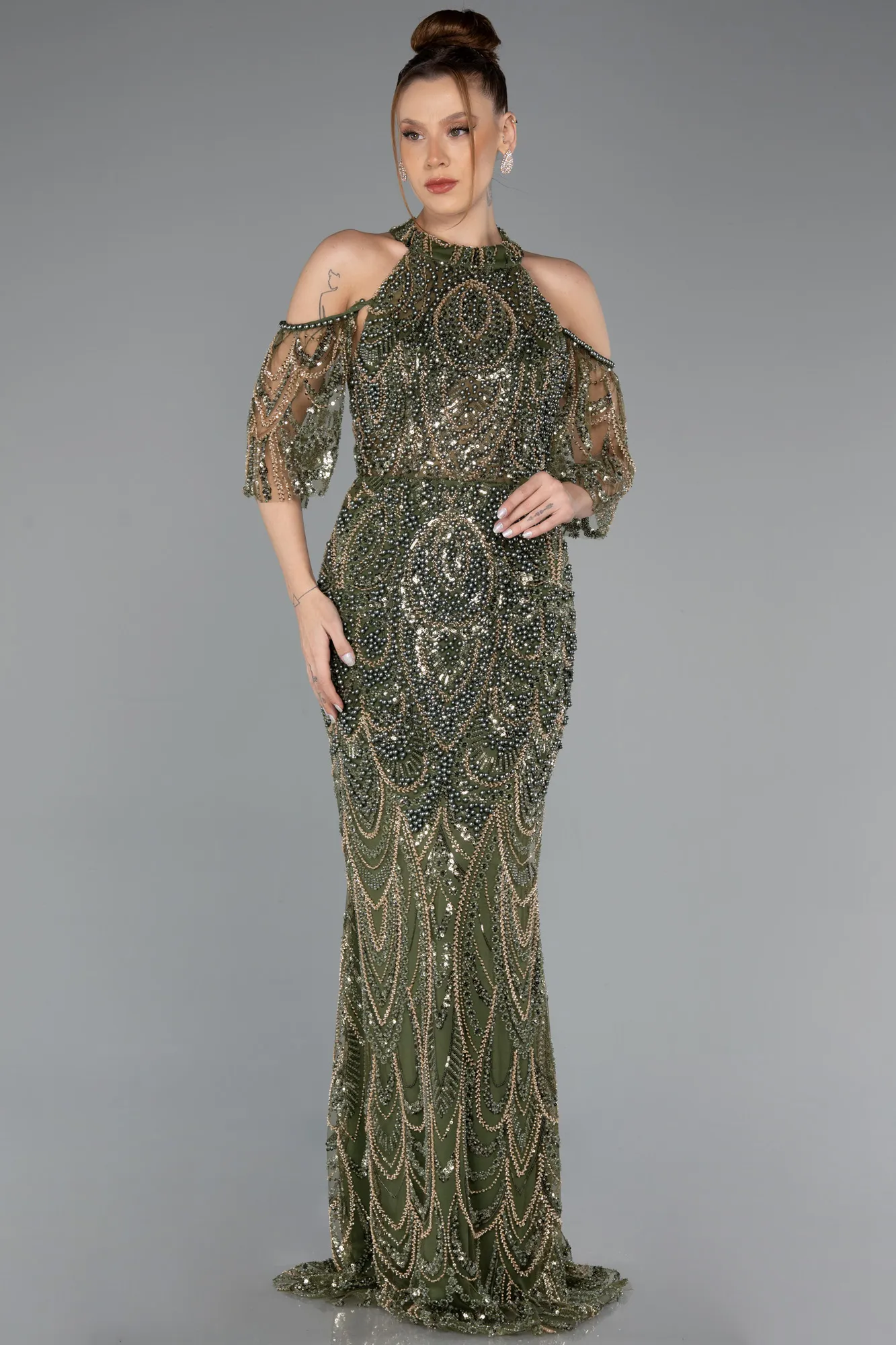 Olive Drab-Long Beaded Evening Dress ABU5435