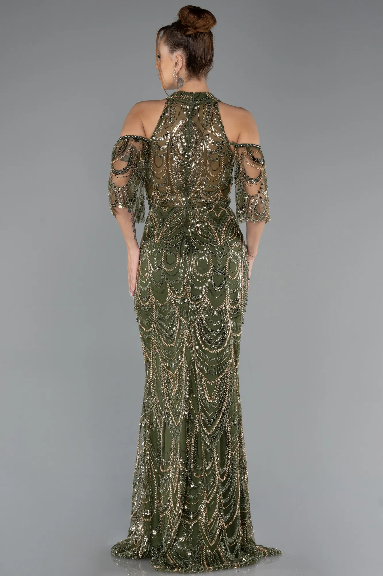 Olive Drab-Long Beaded Evening Dress ABU5435