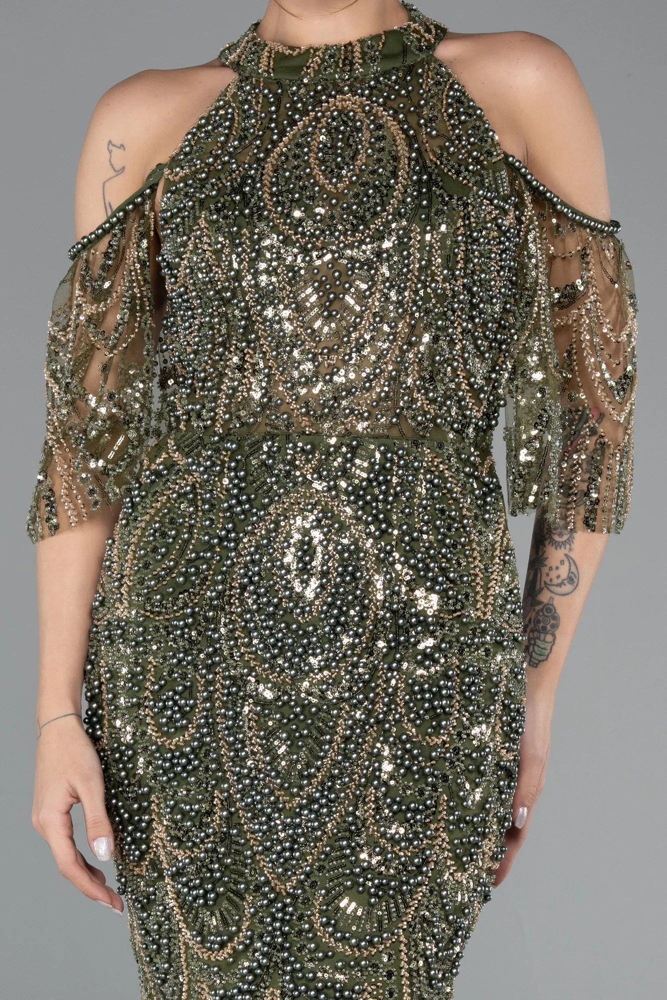 Olive Drab-Long Beaded Evening Dress ABU5435