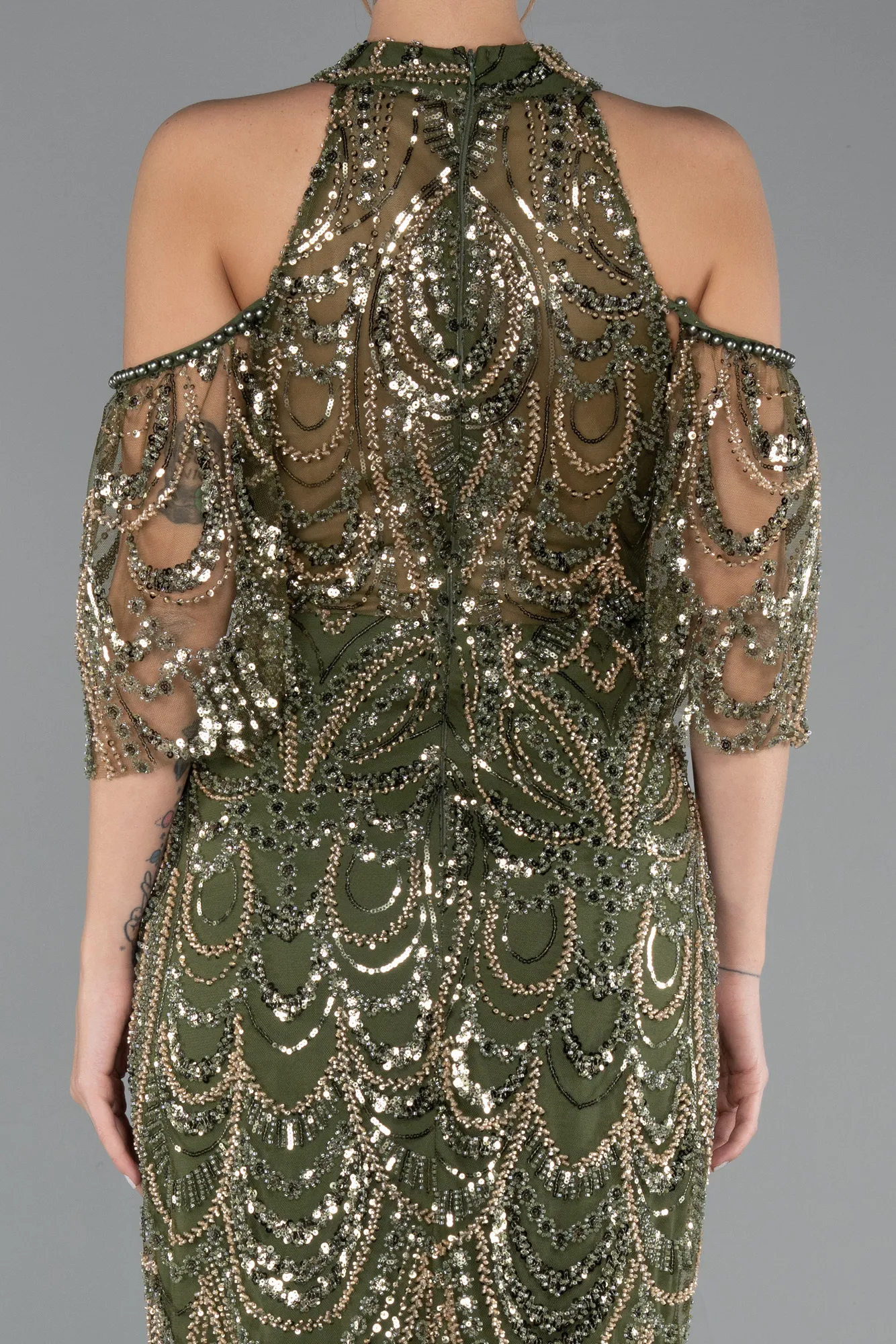 Olive Drab-Long Beaded Evening Dress ABU5435